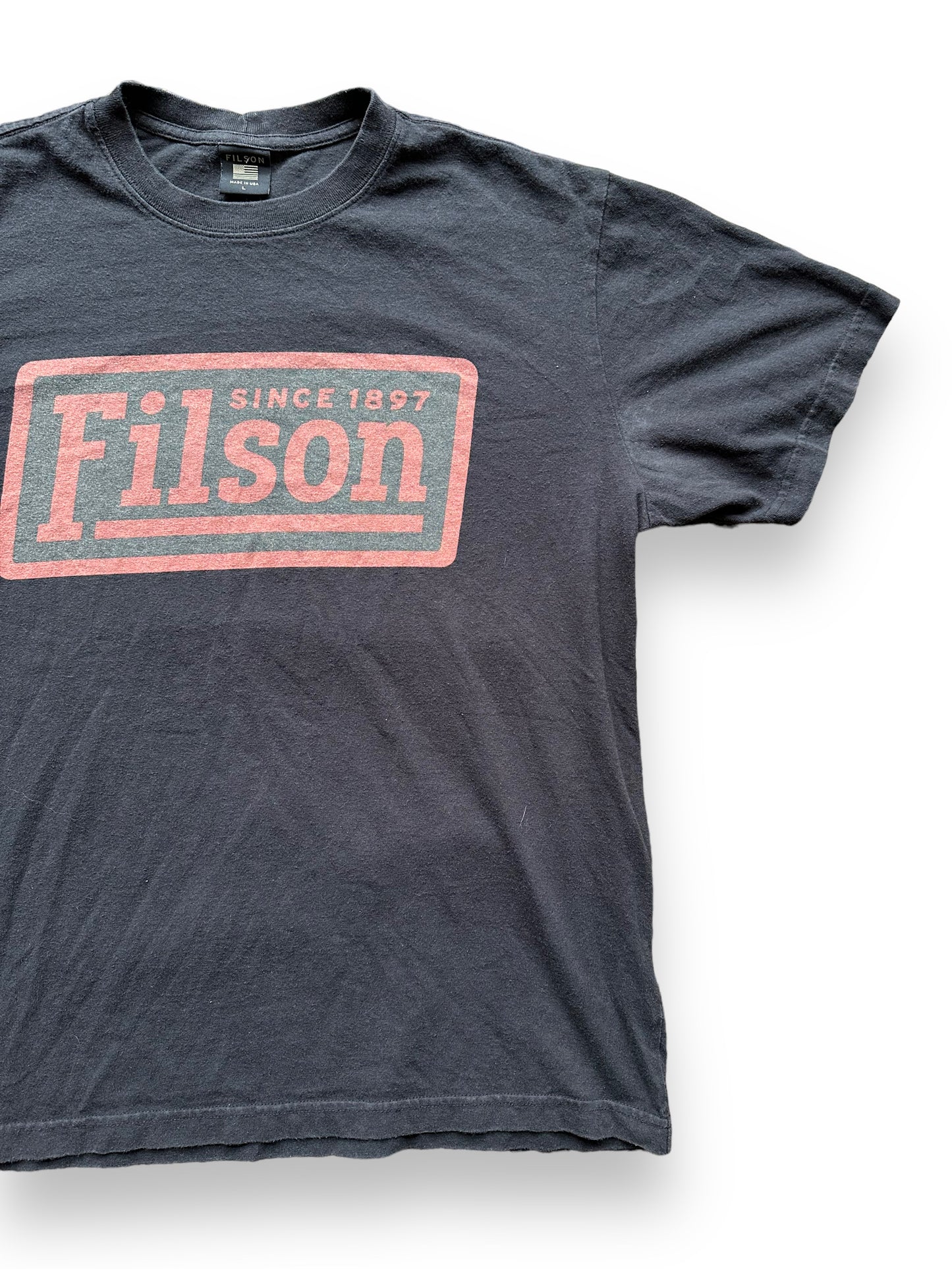 Front Left View of Filson Black Cotton Graphic Tee SZ L | Barn Owl Vintage Goods | Vintage Filson Workwear Seattle