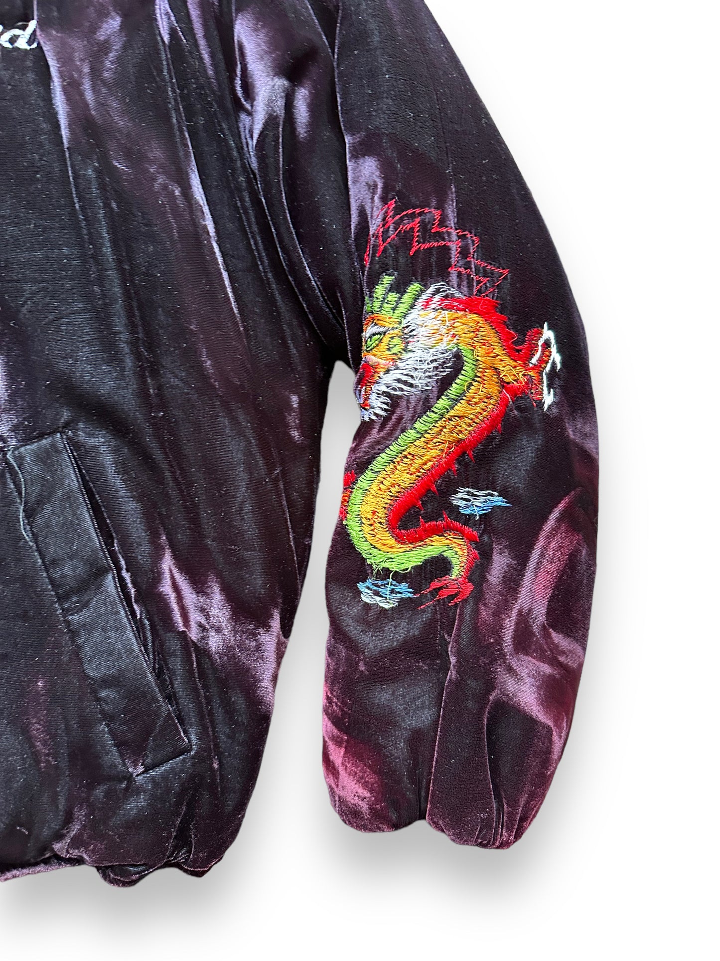 Left Sleeve Dragon View of Vintage Purple Velvet Korea Souvenir Jacket SZ XL | Vintage Souvenir Jacket Seattle | Barn Owl Vintage Seattle