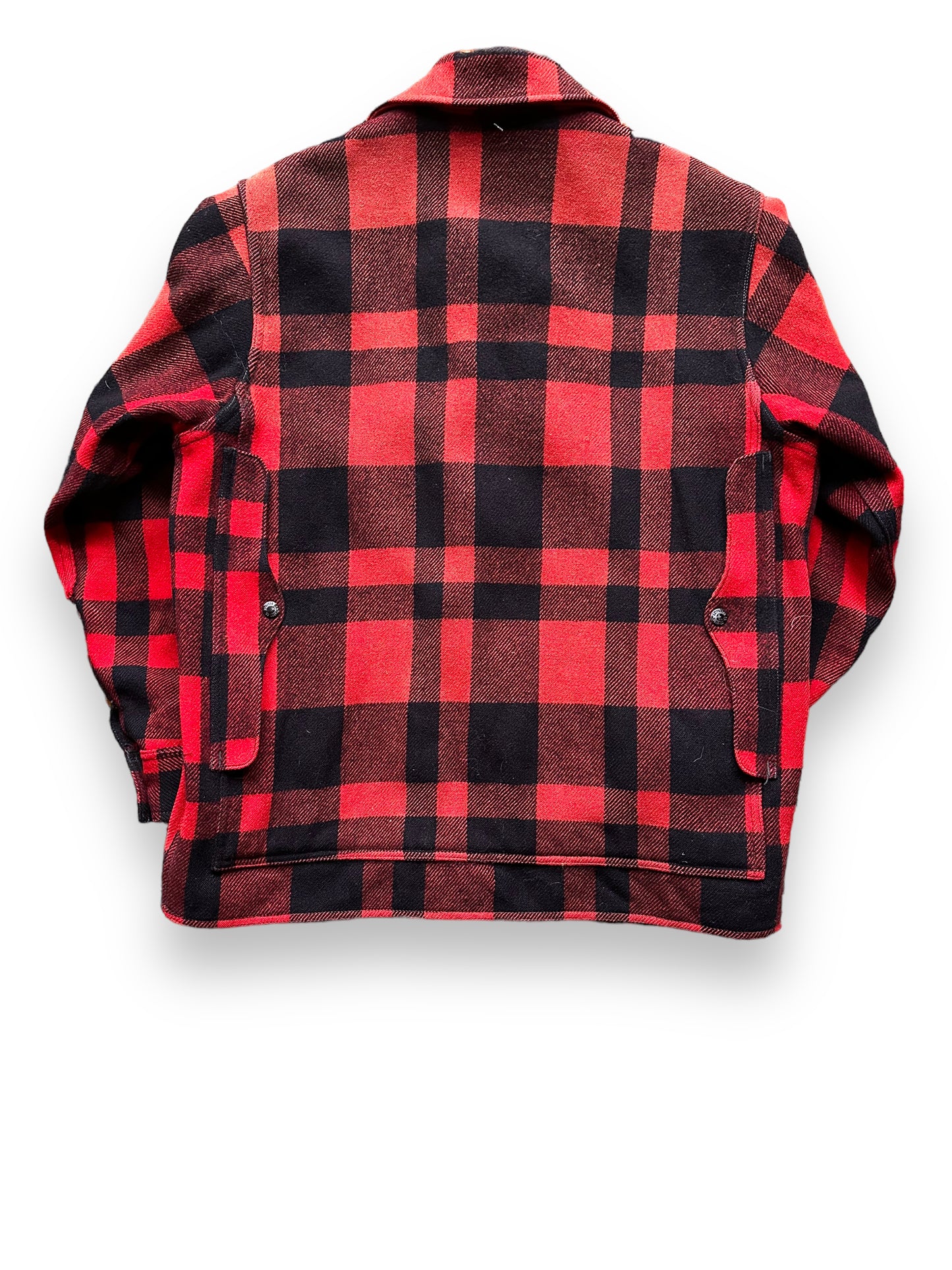 Rear View of Vintage Sun Faded Union Made Filson Red and Black Mackinaw Cruiser SZ 44 | Vintage Filson Mackinaw | Vintage Filson Workwear Seattle