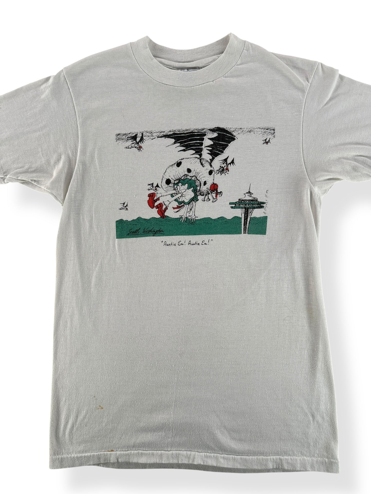Front Close Up of Vintage Auntie Em Seattle Rain Humor Tee SZ S
