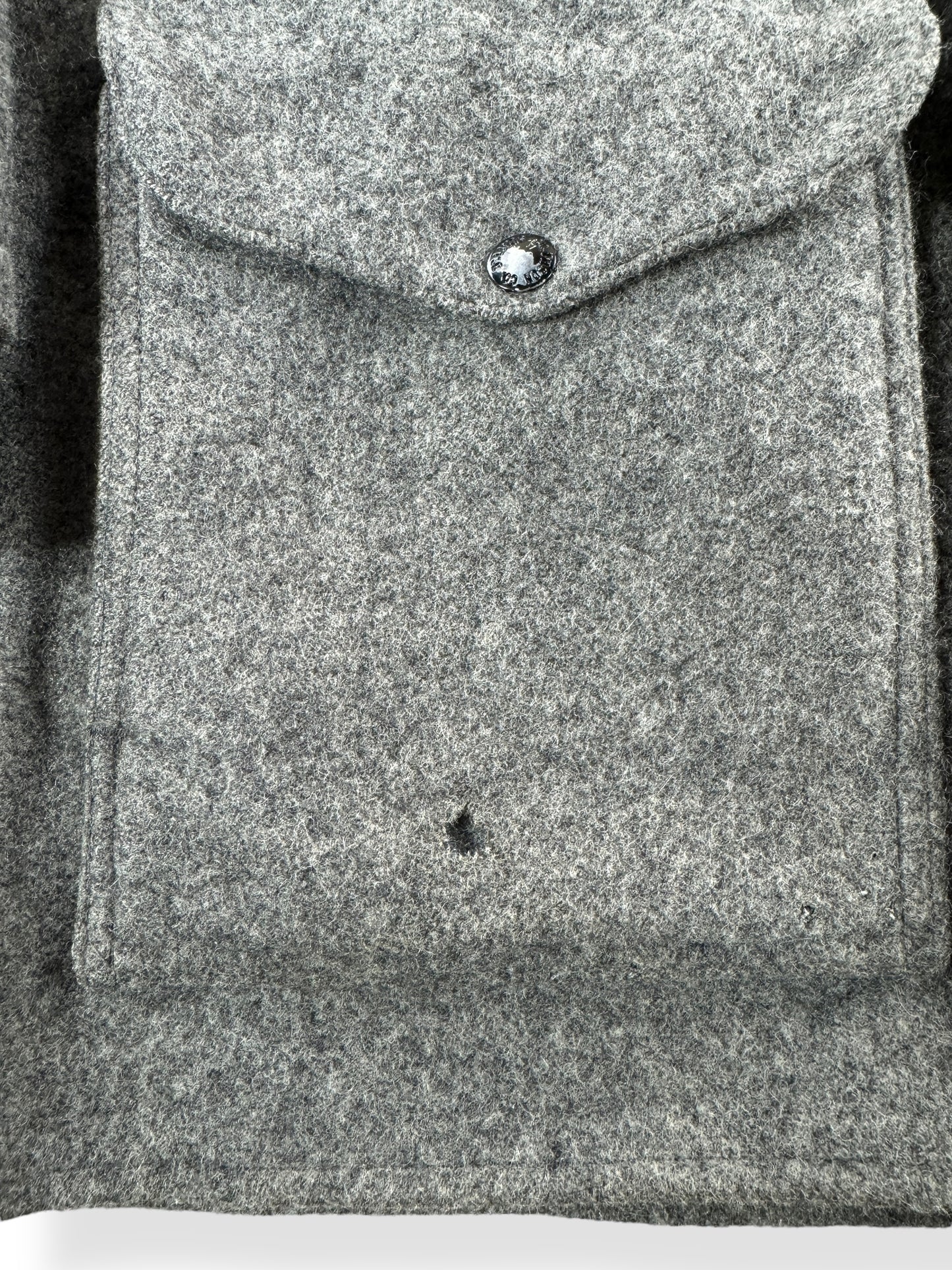 Hole on Pocket of Vintage Filson Grey Double Mackinaw Cruiser SZ 44