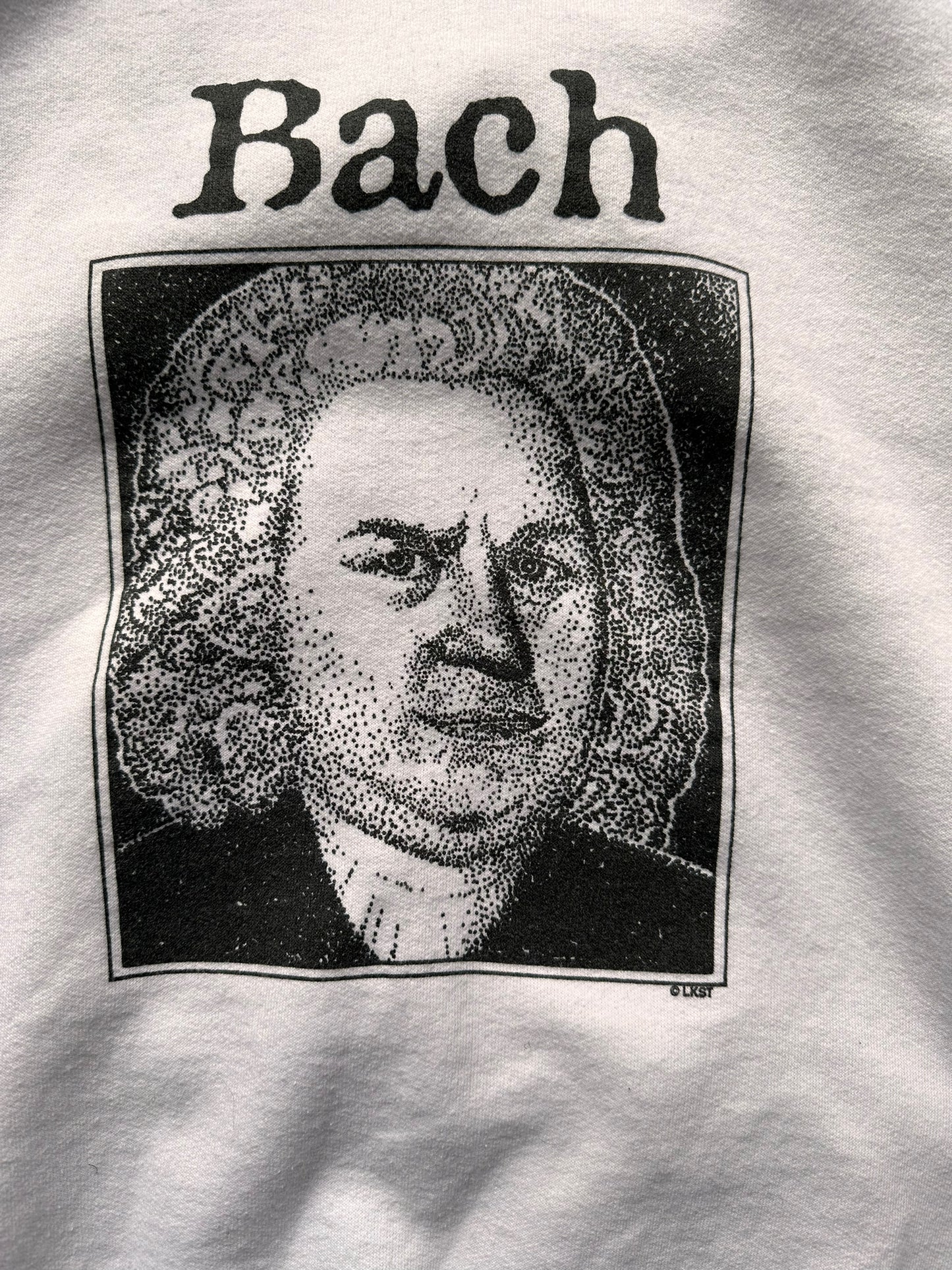 Close Up Detail on Rear of Vintage Front Bach Classical Humor Crewneck Sweatshirt SZ M | Vintage Crewneck Sweatshirts Seattle | Barn Owl Vintage Seattle