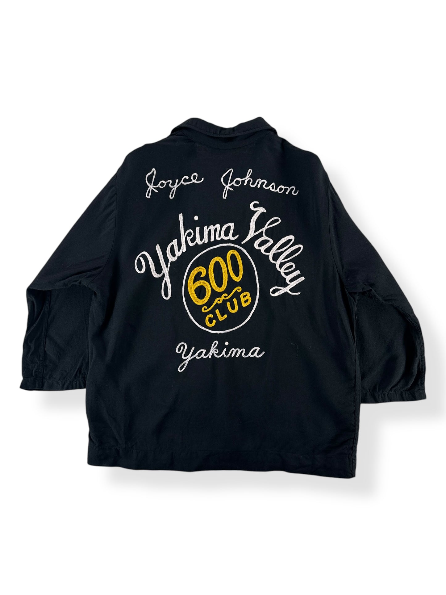 Back of Vintage Yakima Valley 600 Club Rayon Bowling Shirt SZ S