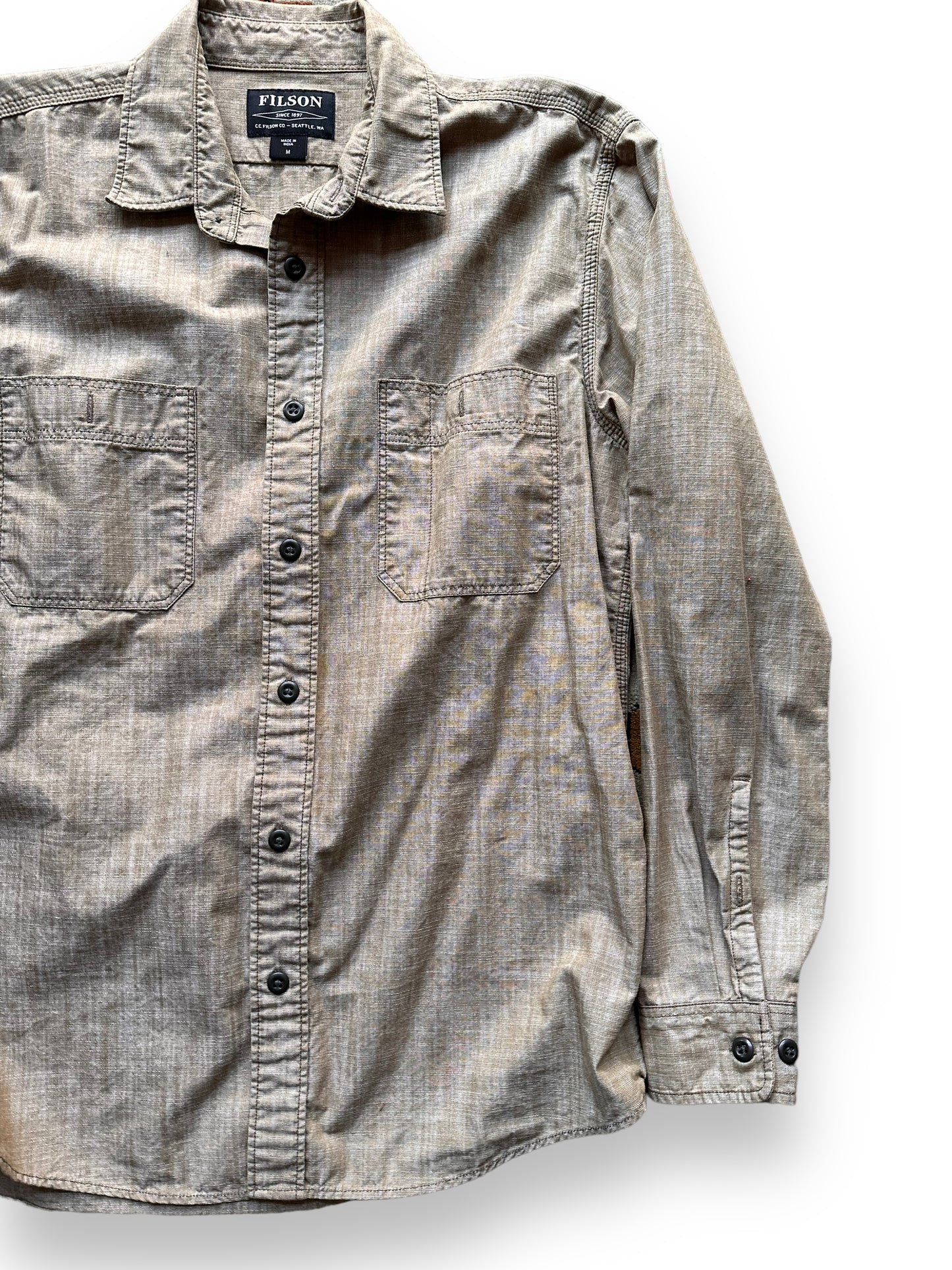 Front Left View of Filson Brown Chambray CPO Shirt SZ M |  Barn Owl Vintage Goods | Filson Bargain Outlet Seattle