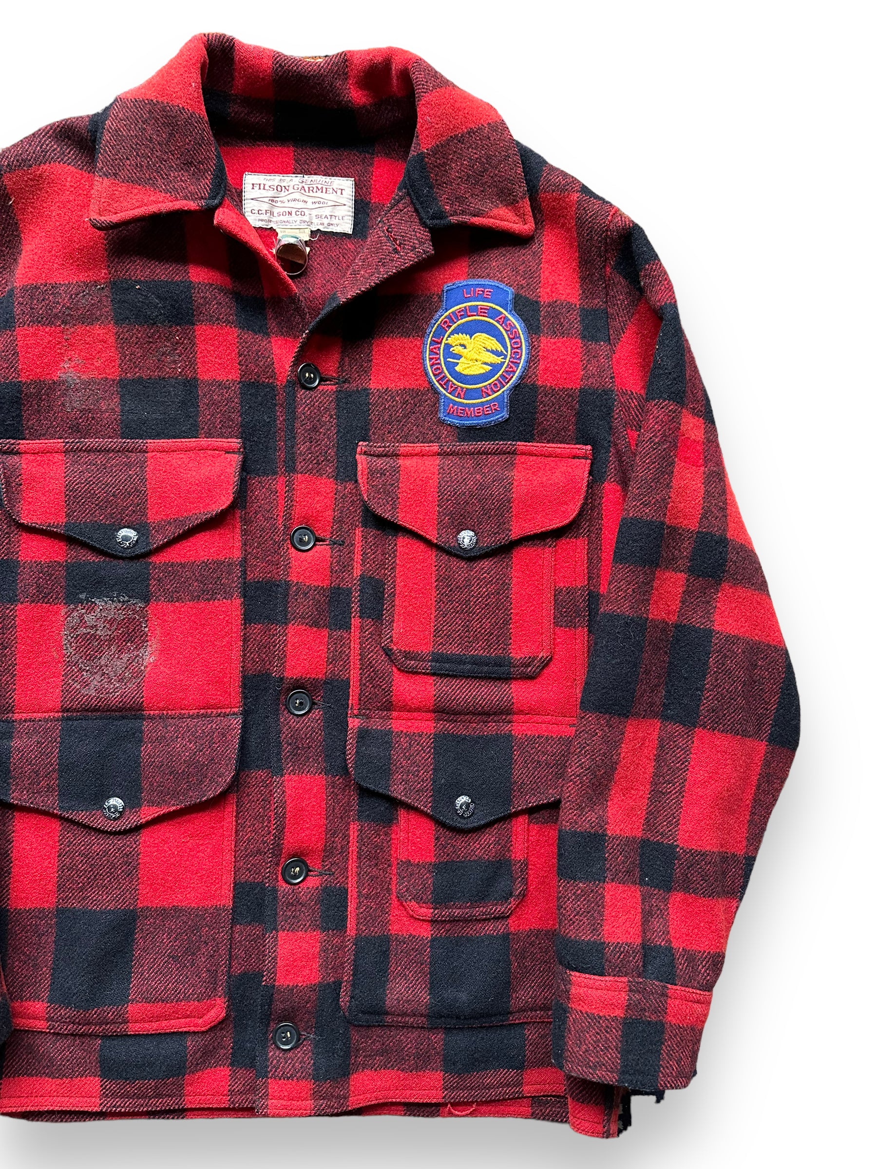 front left of Vintage Filson Mackinaw Jacket with Patches SZ 40 |  Barn Owl Vintage Goods | Vintage Filson Workwear Seattle