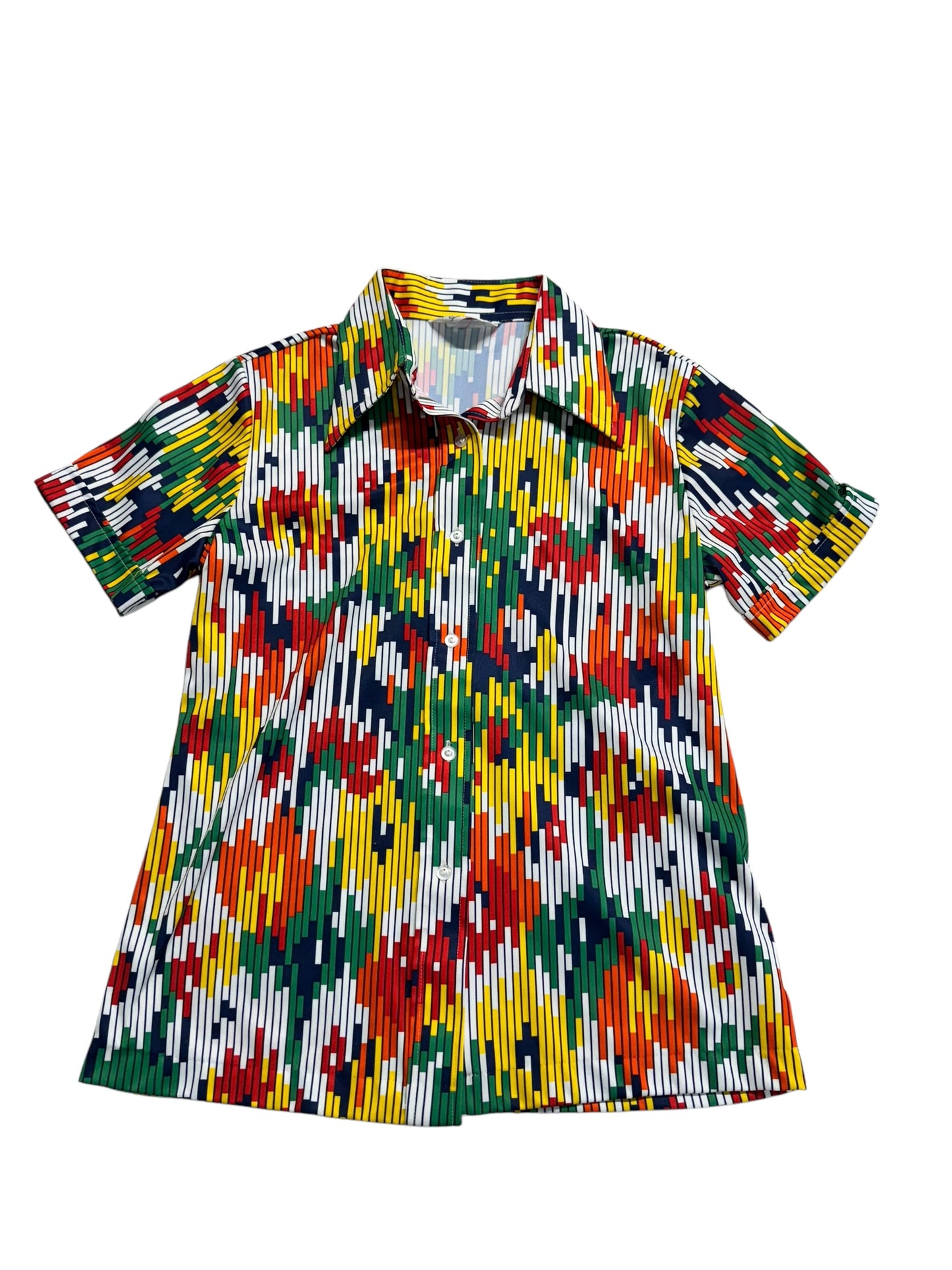 Front view of 1970s Sears Geometric Polyester Button Up Shirt S