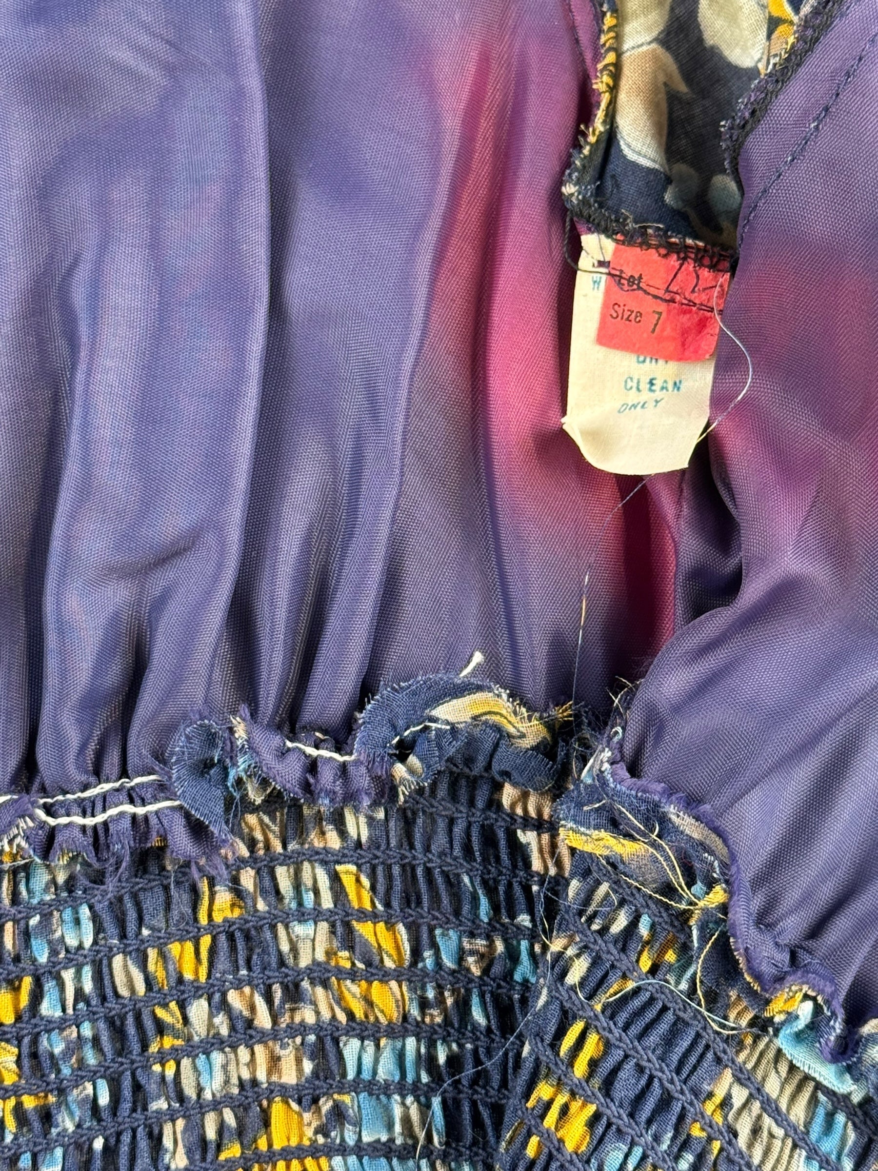 Under arm 1970s Blue Floral Maxi Dress S