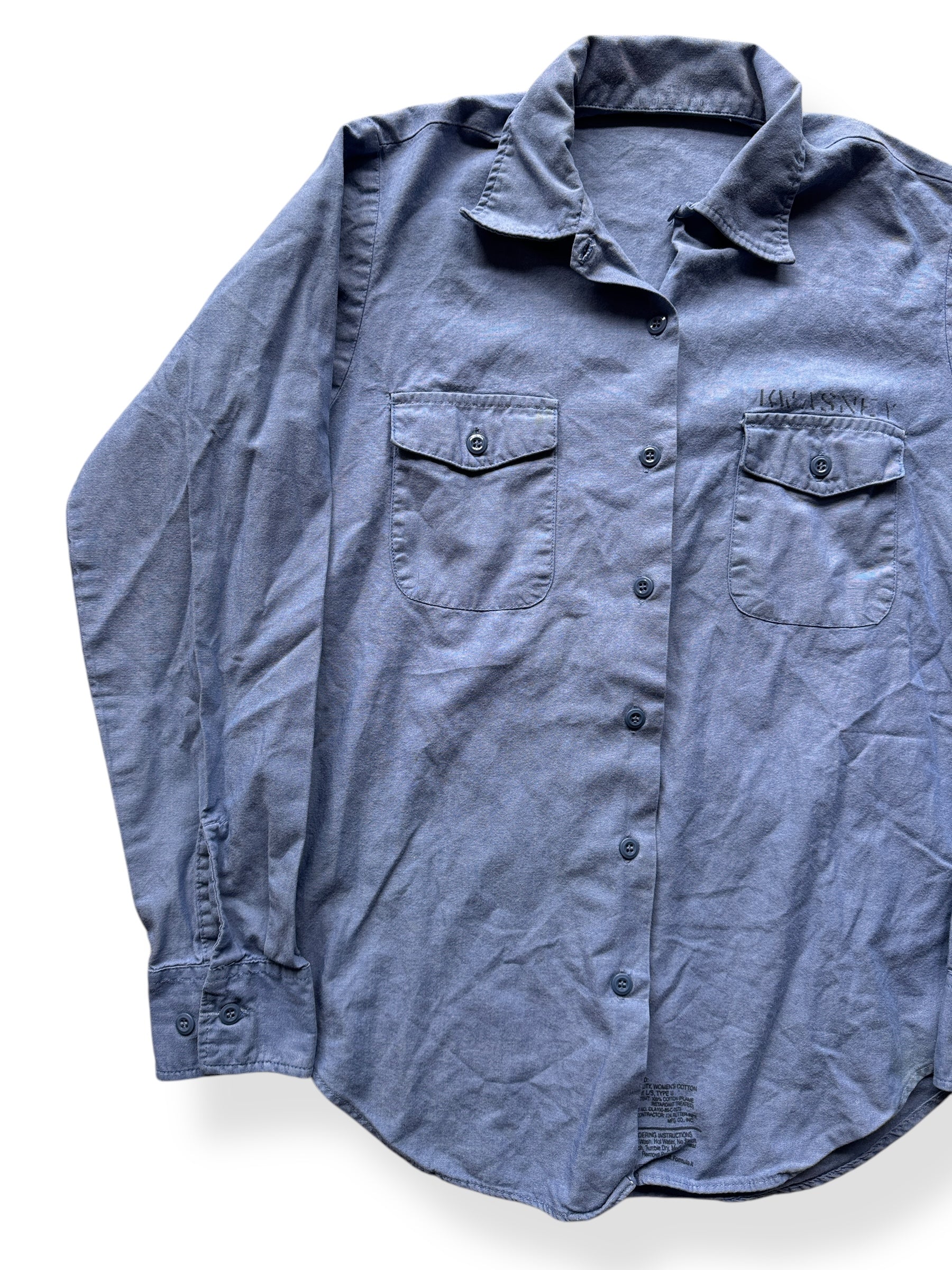 Front Right of Vintage Ladies Stenciled Military Chambray SZ M
