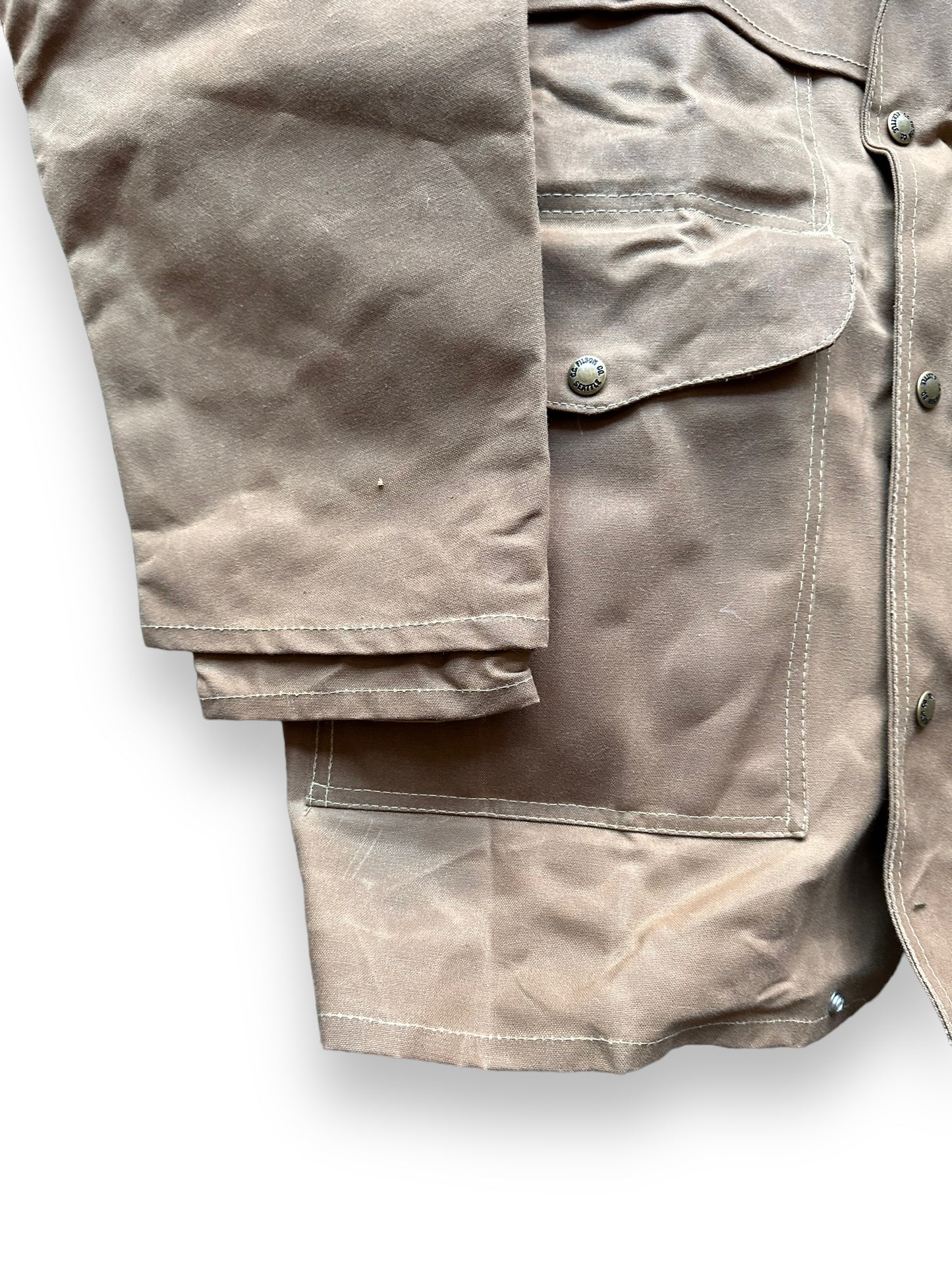 Front Lower Right View of Vintage NOS Filson Tin Cloth Packer Coat SZ 44 | Barn Owl Vintage Goods Filson | Vintage Filson Workwear Seattle