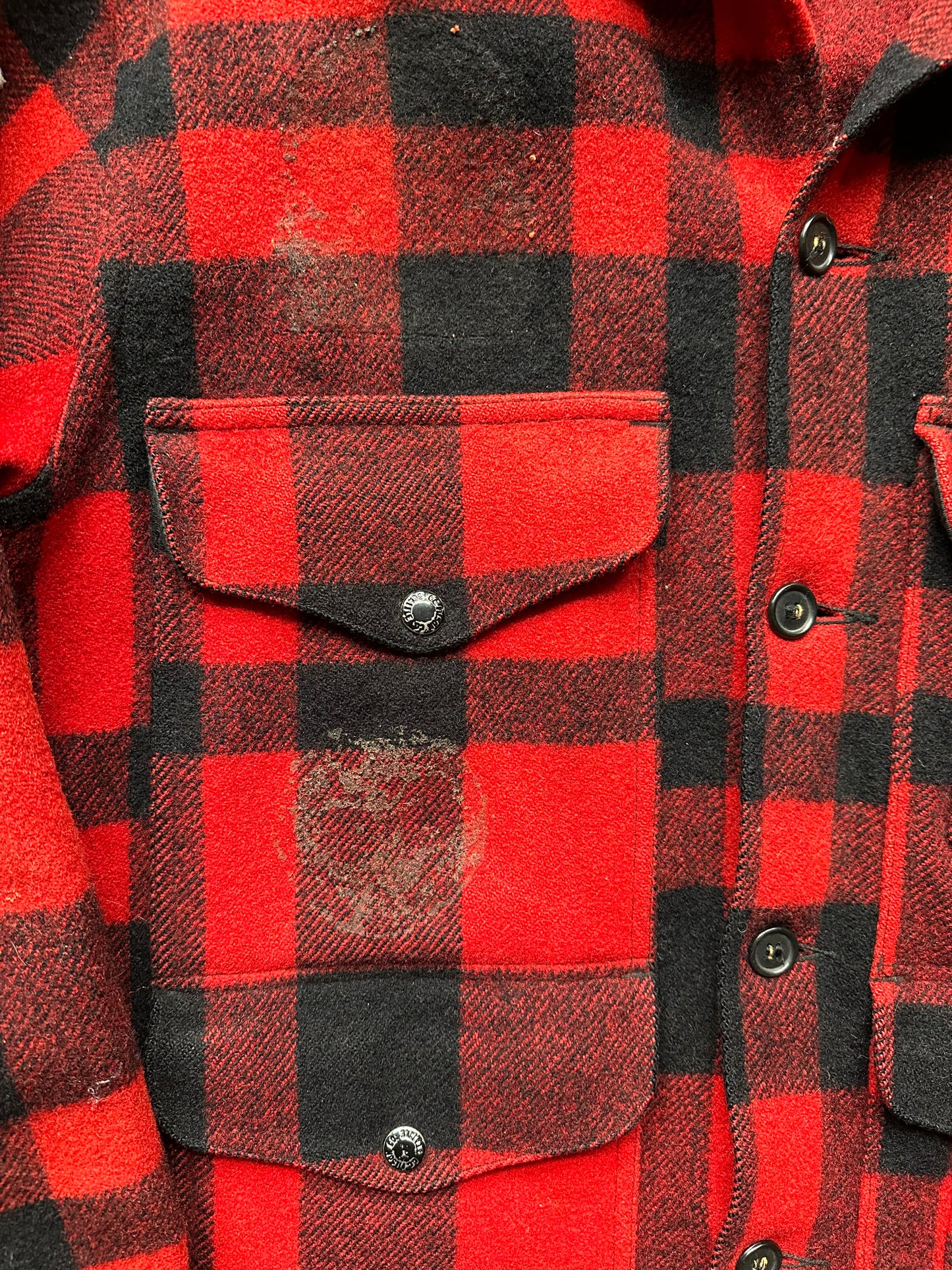 ghost patches on Vintage Filson Mackinaw Jacket with Patches SZ 40 | Barn Owl Vintage Goods | Vintage Filson Workwear Seattle