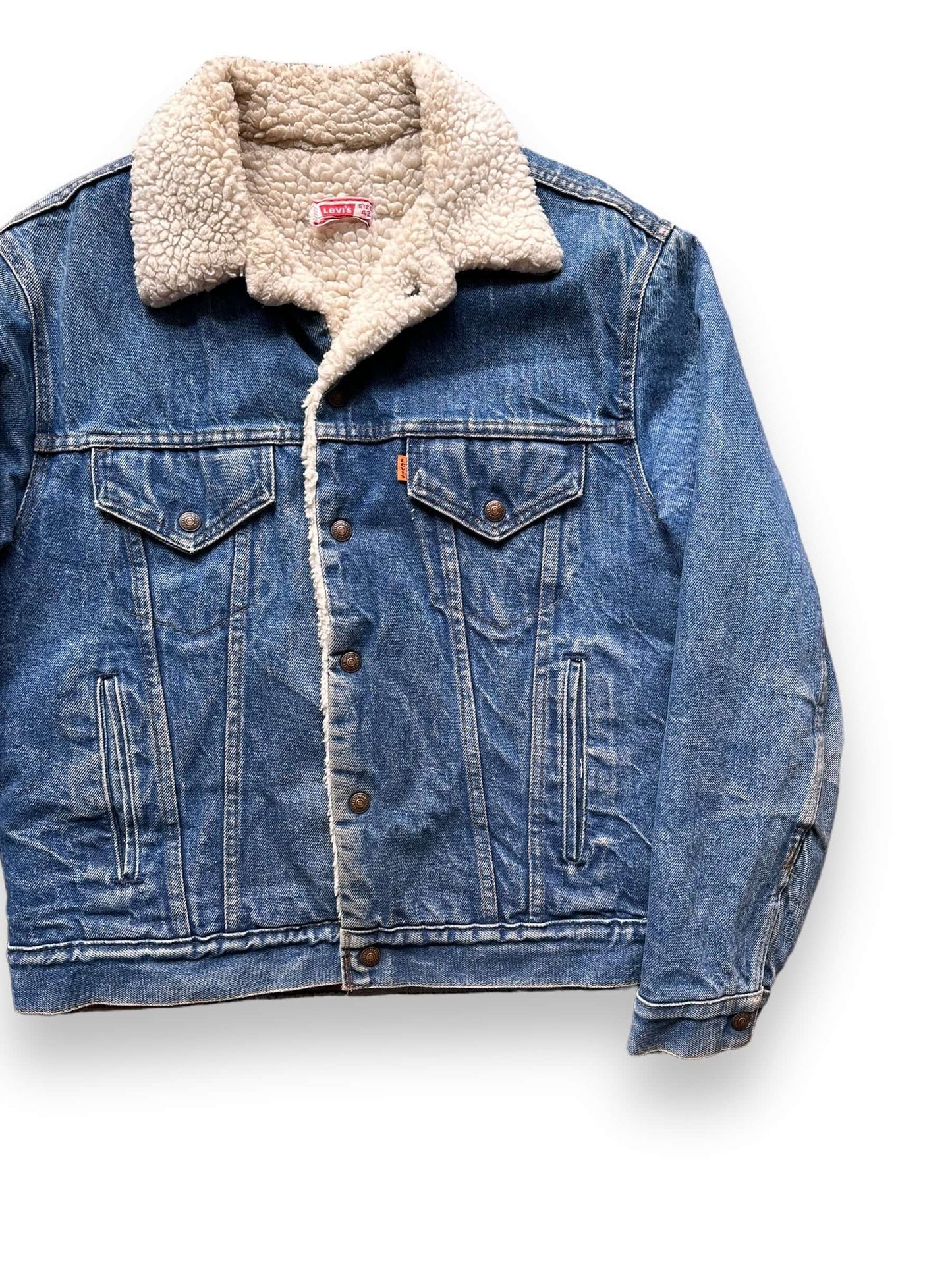 Front Left View of Vintage Levis Orange Tab Sherpa Type III Denim Jacket SZ 42 | Vintage Denim Workwear Seattle