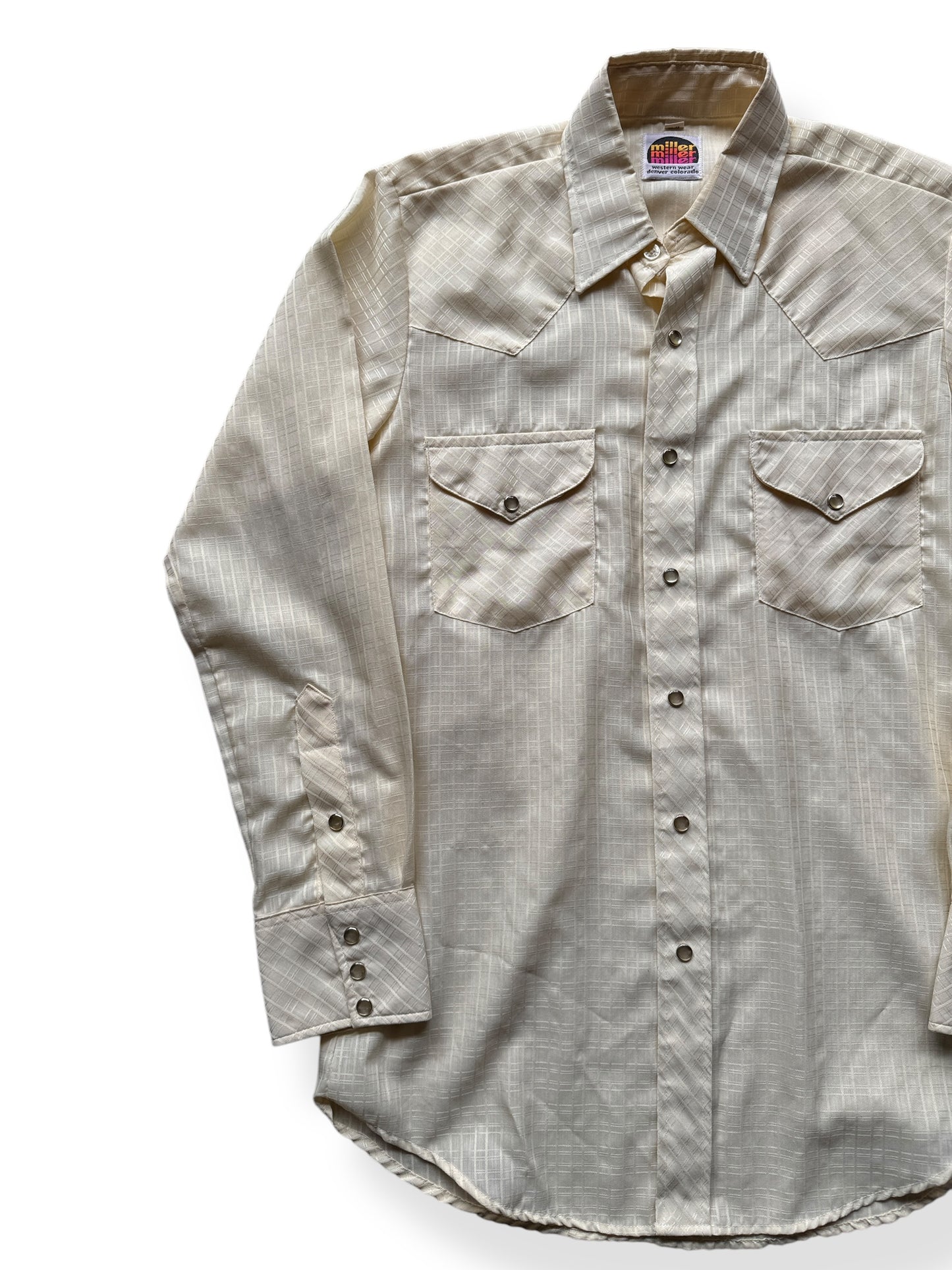 Front Right of Vintage Miller Western Wear Pearl Snap SZ L