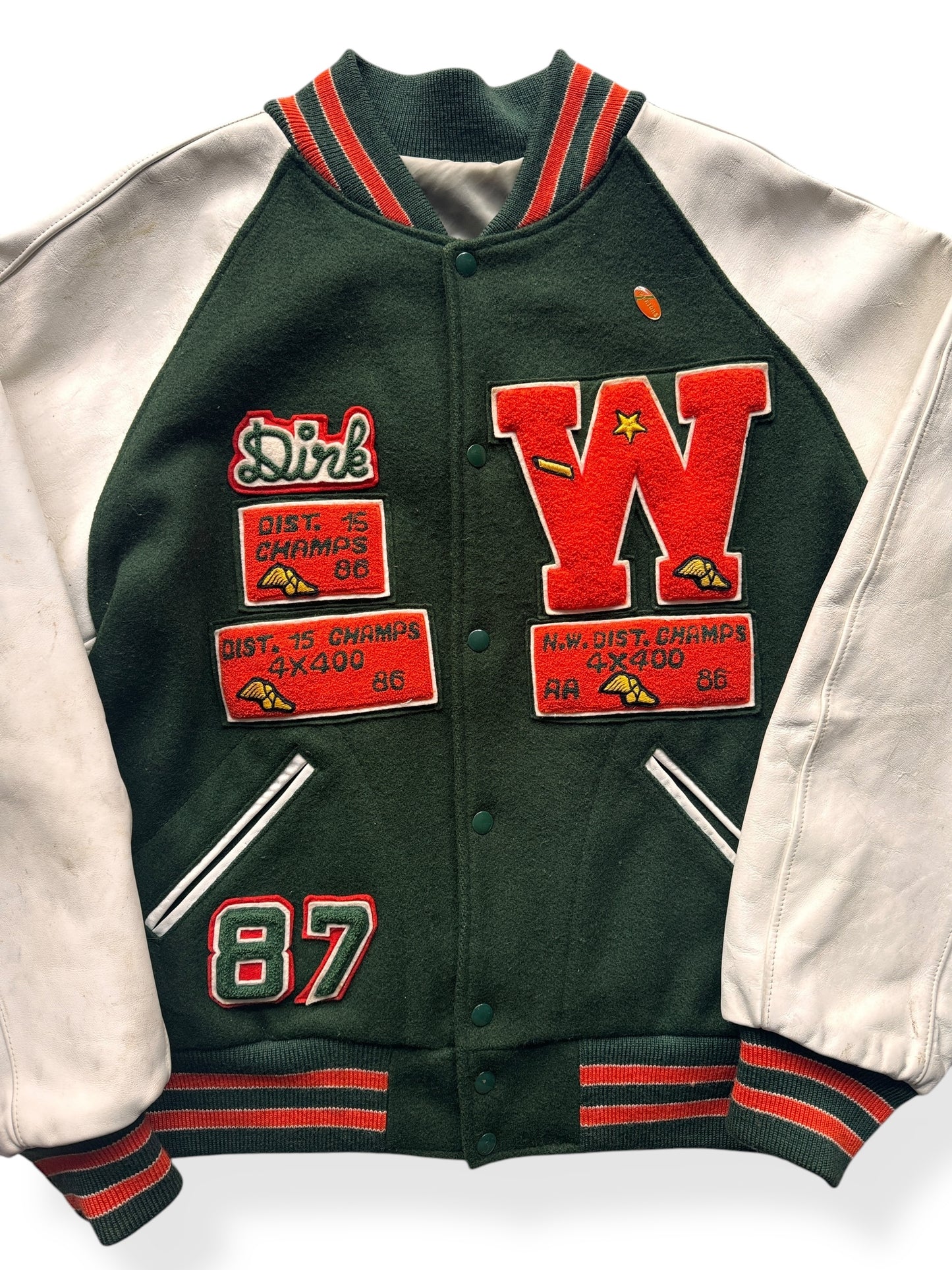 Front Close Up of Vintage 1987 Woodway Varsity Jacket SZ XL