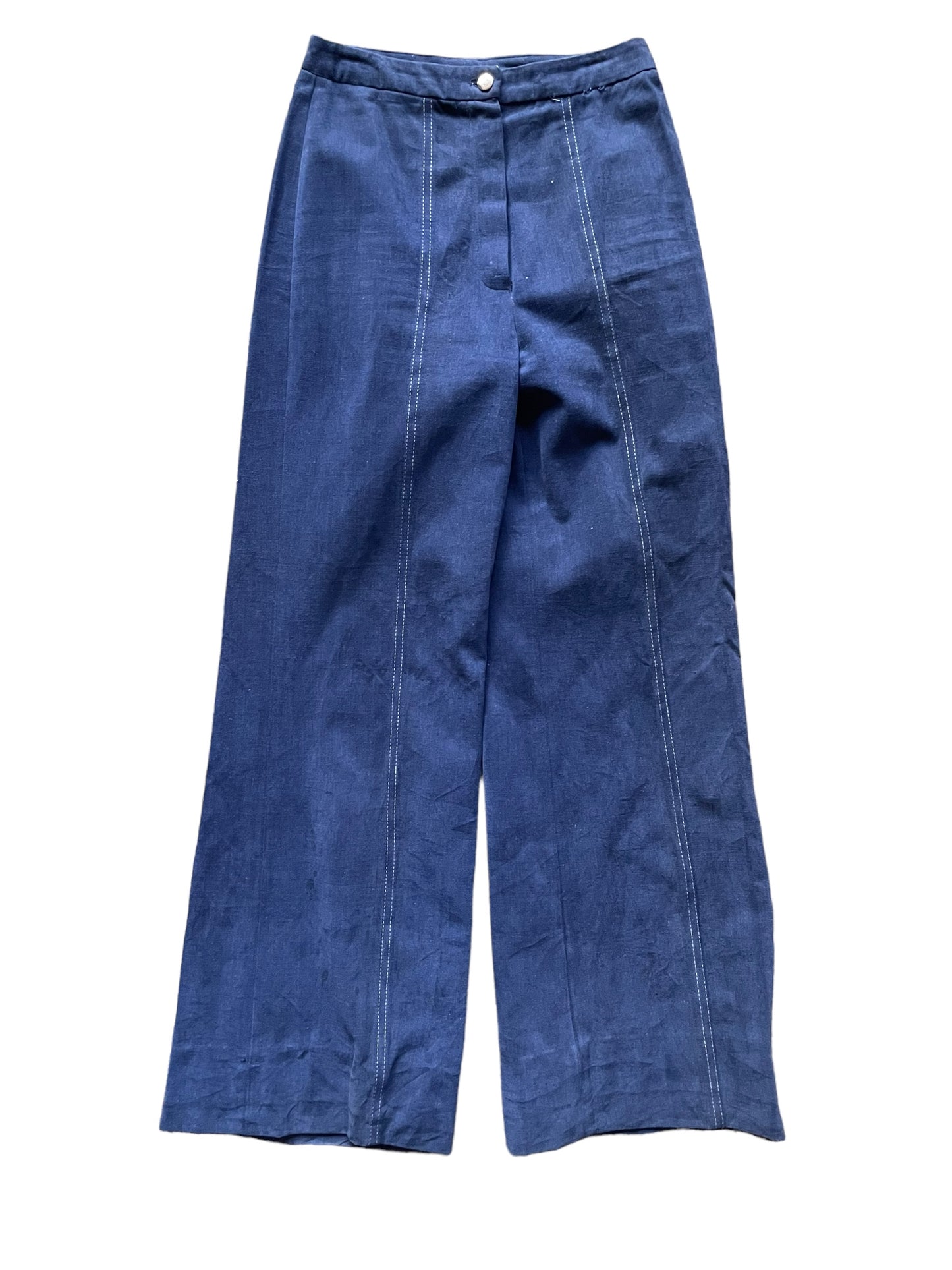Full front view of Vintage 1970s Navy Moleskin Wide Leg Bells W26 | Barn Owl Vintage Seattle | Vintage 70s Moleskin Trousers