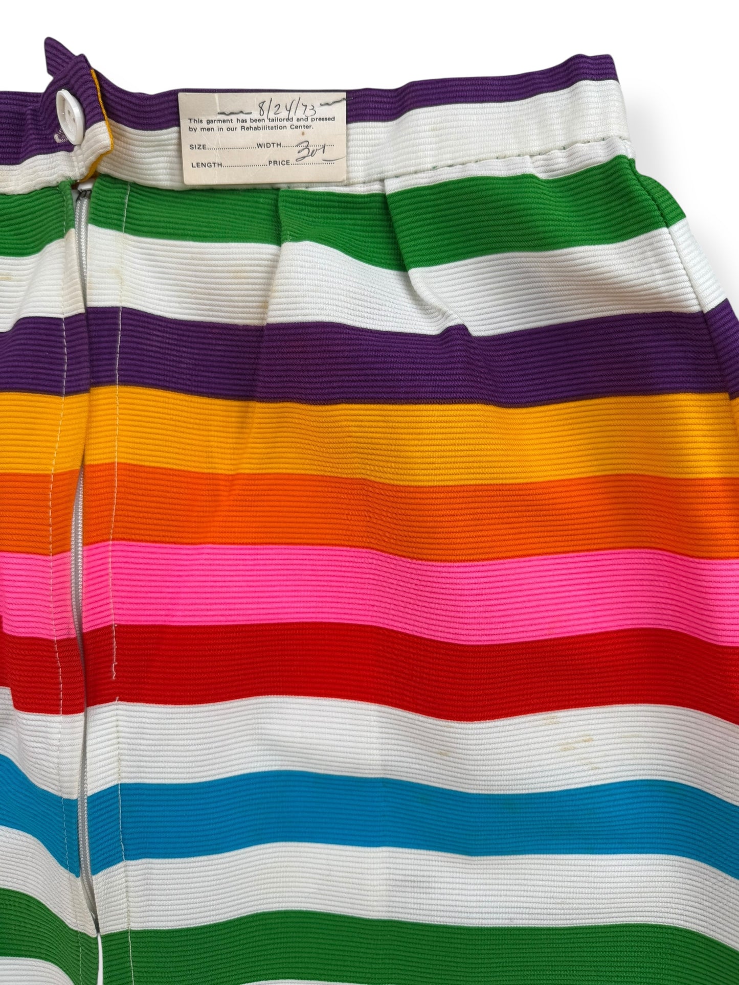Side view with tag 1960s Alex Coleman Rainbow Striped Skirt AS-IS L