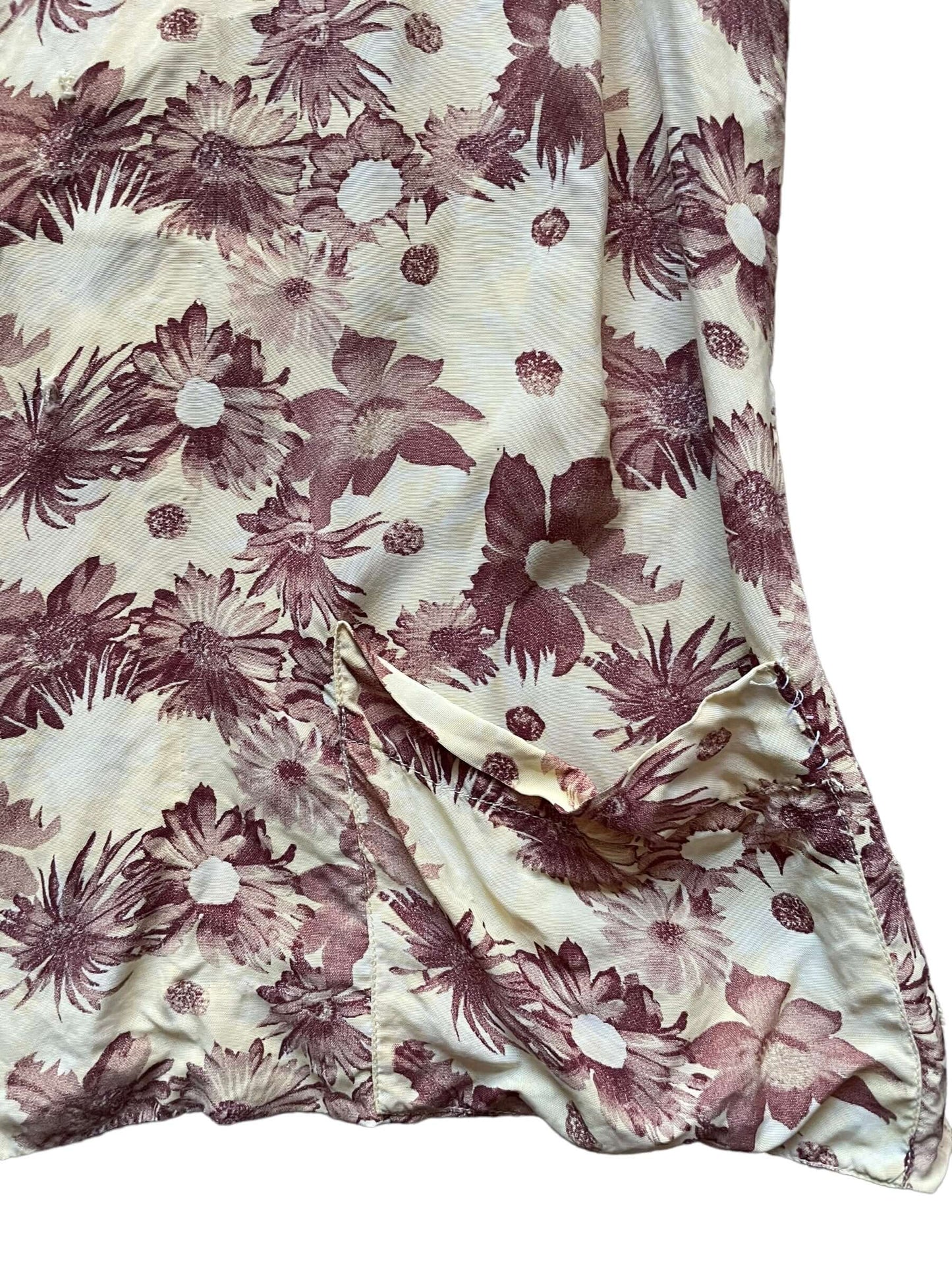 Front lower left pocket view of 1940s Rayon Floral PJ Top L-XL