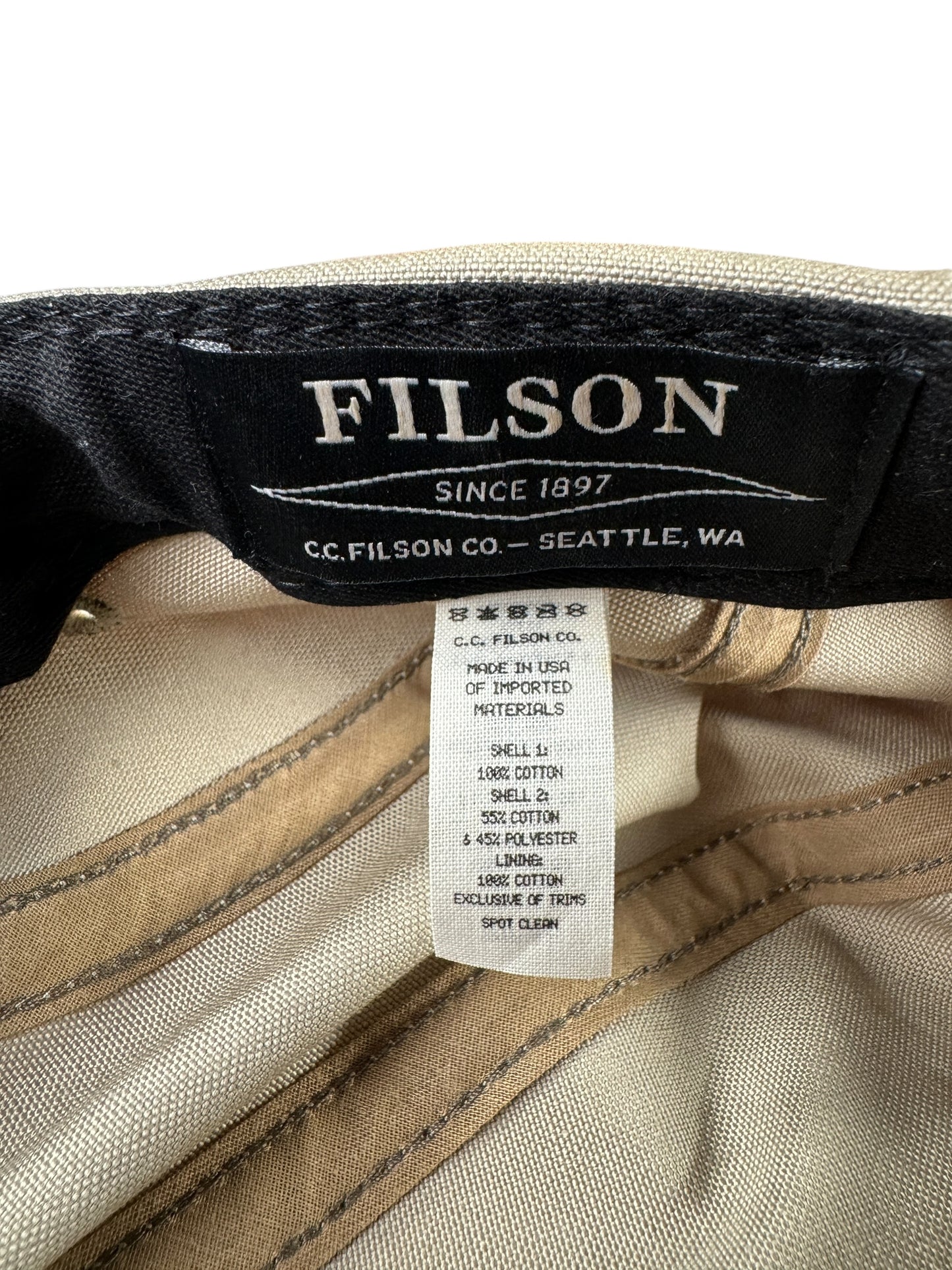 Label on Modern Filson Long Bill Hat OS