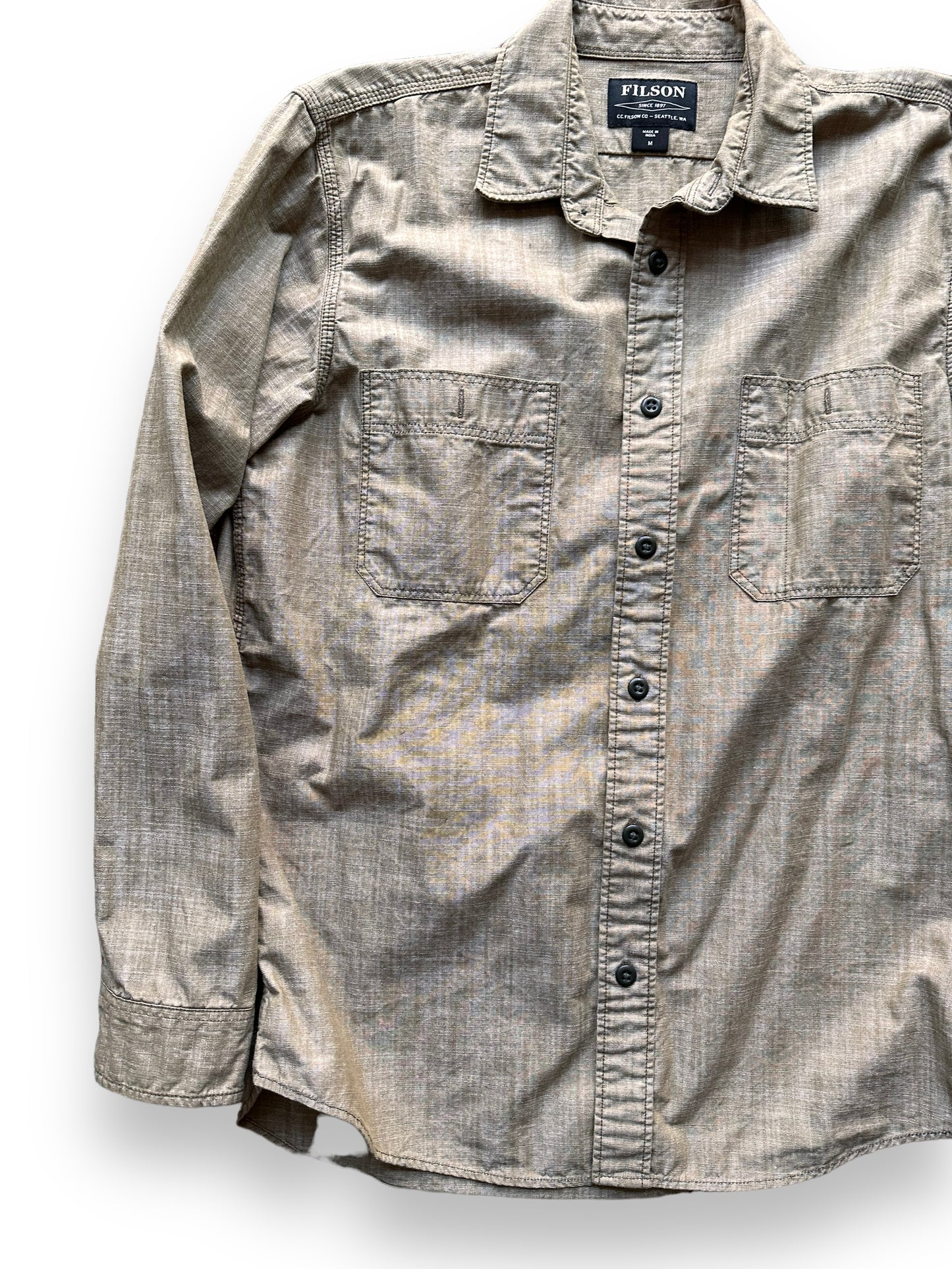 Front Right View of Filson Brown Chambray CPO Shirt SZ M |  Barn Owl Vintage Goods | Filson Bargain Outlet Seattle