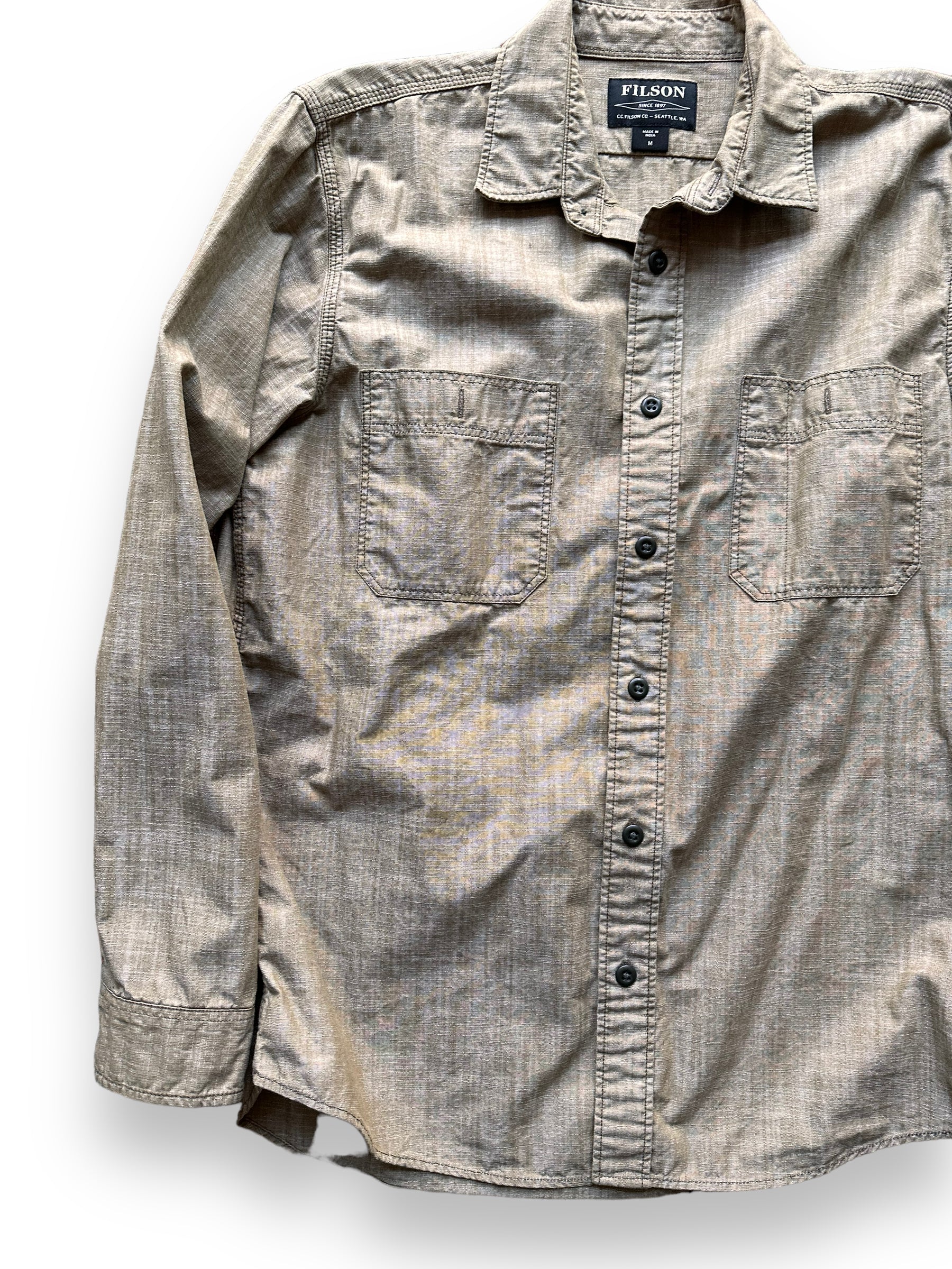 Front Right View of Filson Brown Chambray CPO Shirt SZ M |  Barn Owl Vintage Goods | Filson Bargain Outlet Seattle