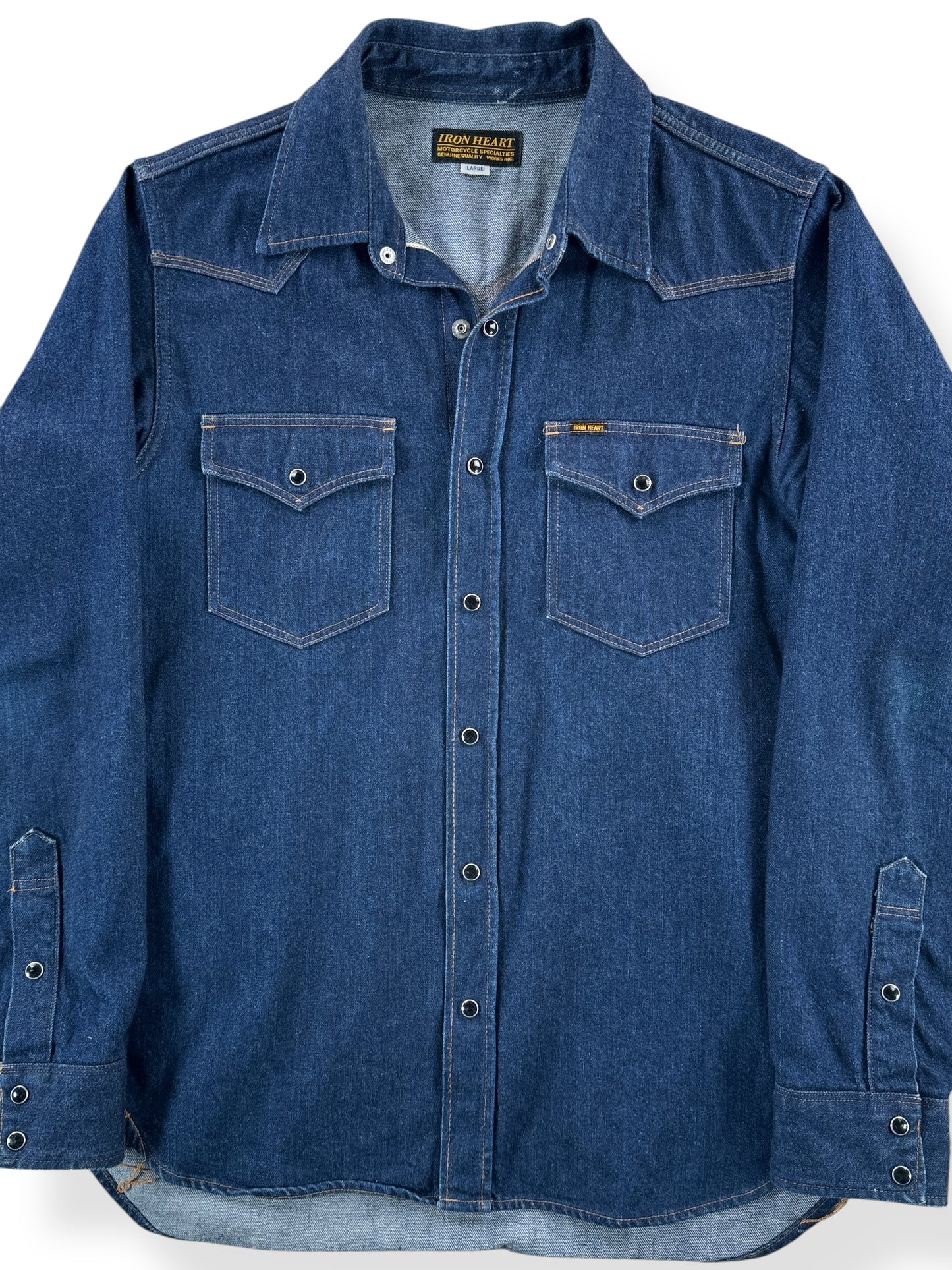Front of Modern Iron Heart Denim Pearl Snap Shirt SZ L