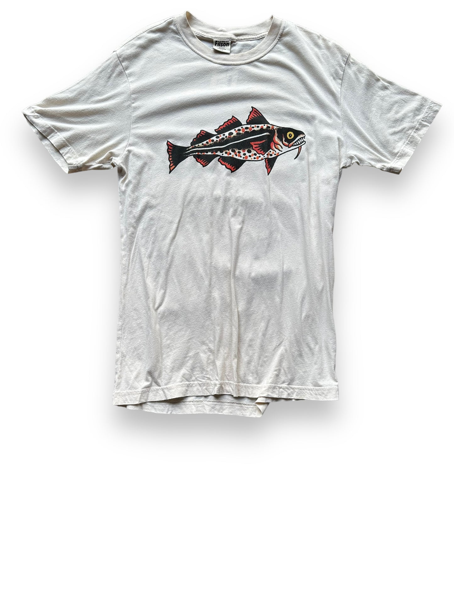 Front View of Filson Fish Graphic Tee SZ XS | Barn Owl Vintage Goods | Vintage Filson Workwear Seattle