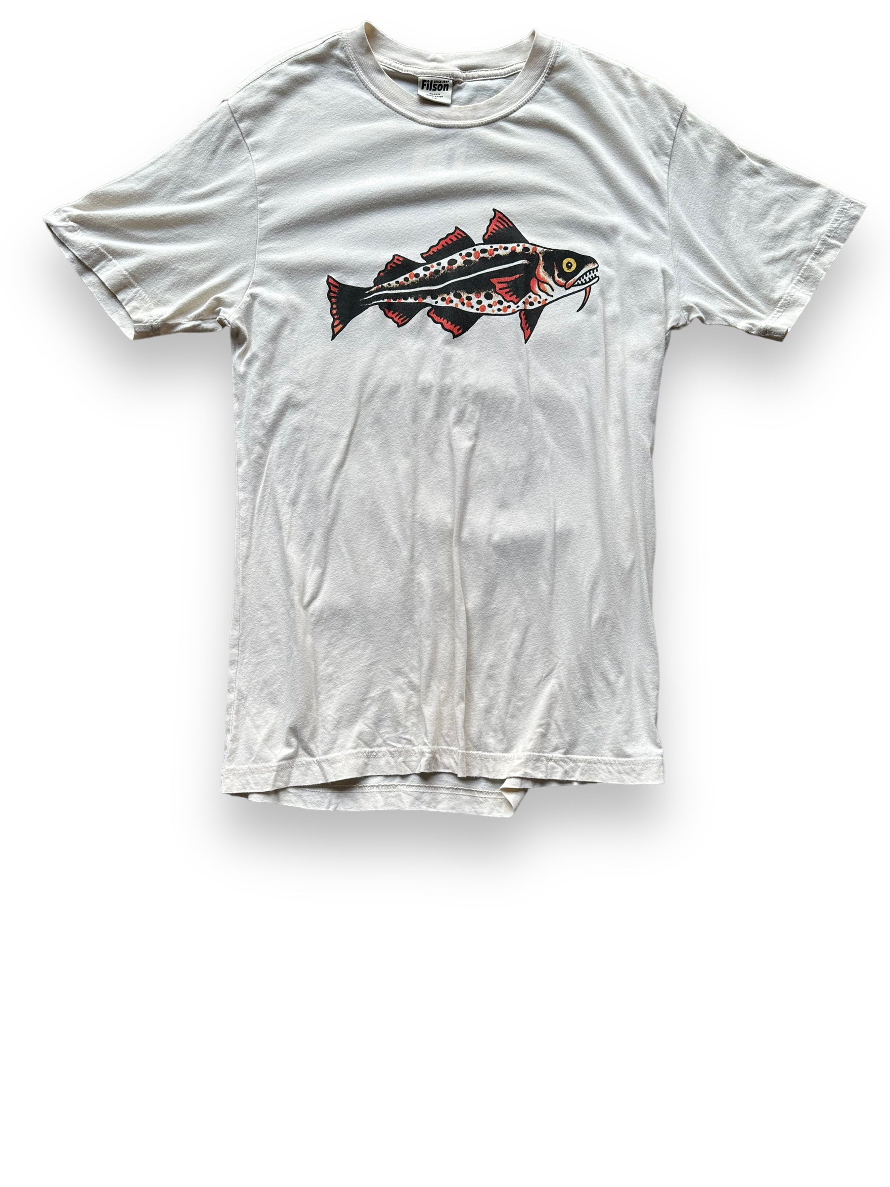 Front View of Filson Fish Graphic Tee SZ XS |  Barn Owl Vintage Goods | Vintage Filson Workwear Seattle