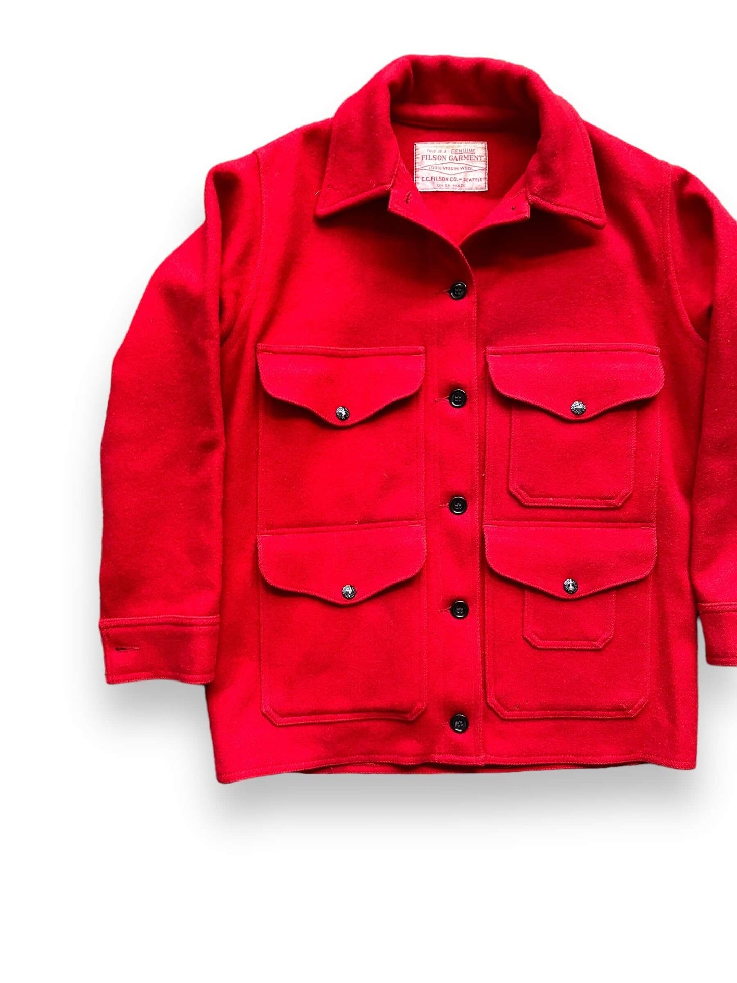 Front Right View of Vintage Union Made Filson Scarlet Cruiser SZ 40 | Vintage Filson Seattle Workwear | Vintage Workwear Seattle