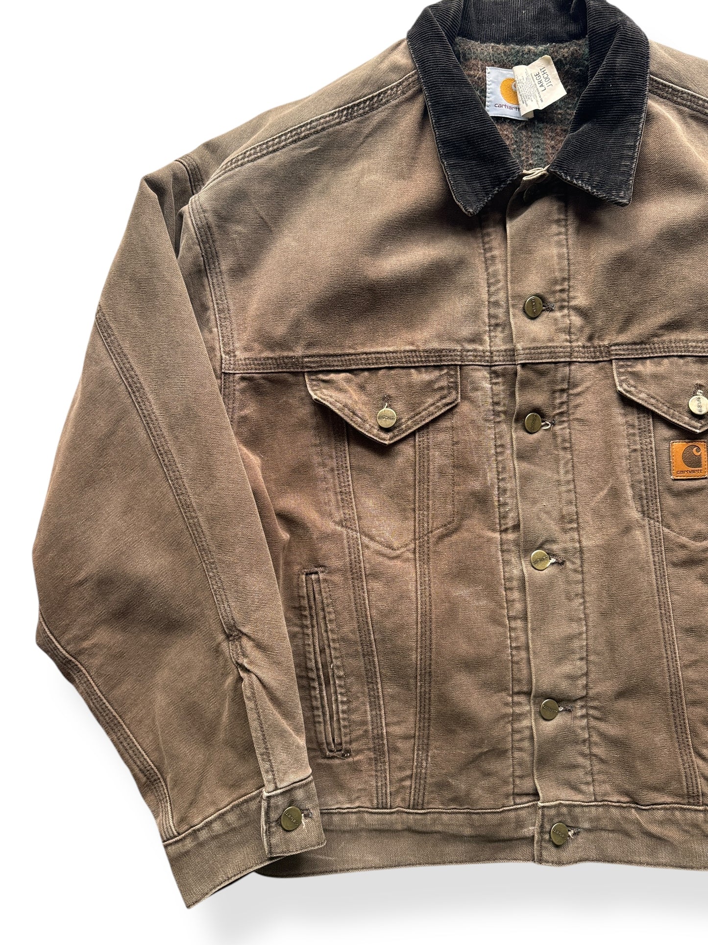 Front Right of Vintage Brown Carhartt Blanket Lined Trucker Jacket SZ L