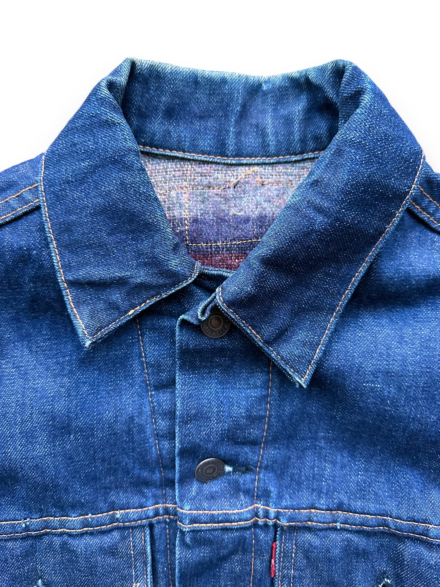 Collar View on Vintage Levi's Big E Blanket Lined Type III Trucker SZ S | Vintage Denim Workwear Seattle | Seattle Vintage Denim