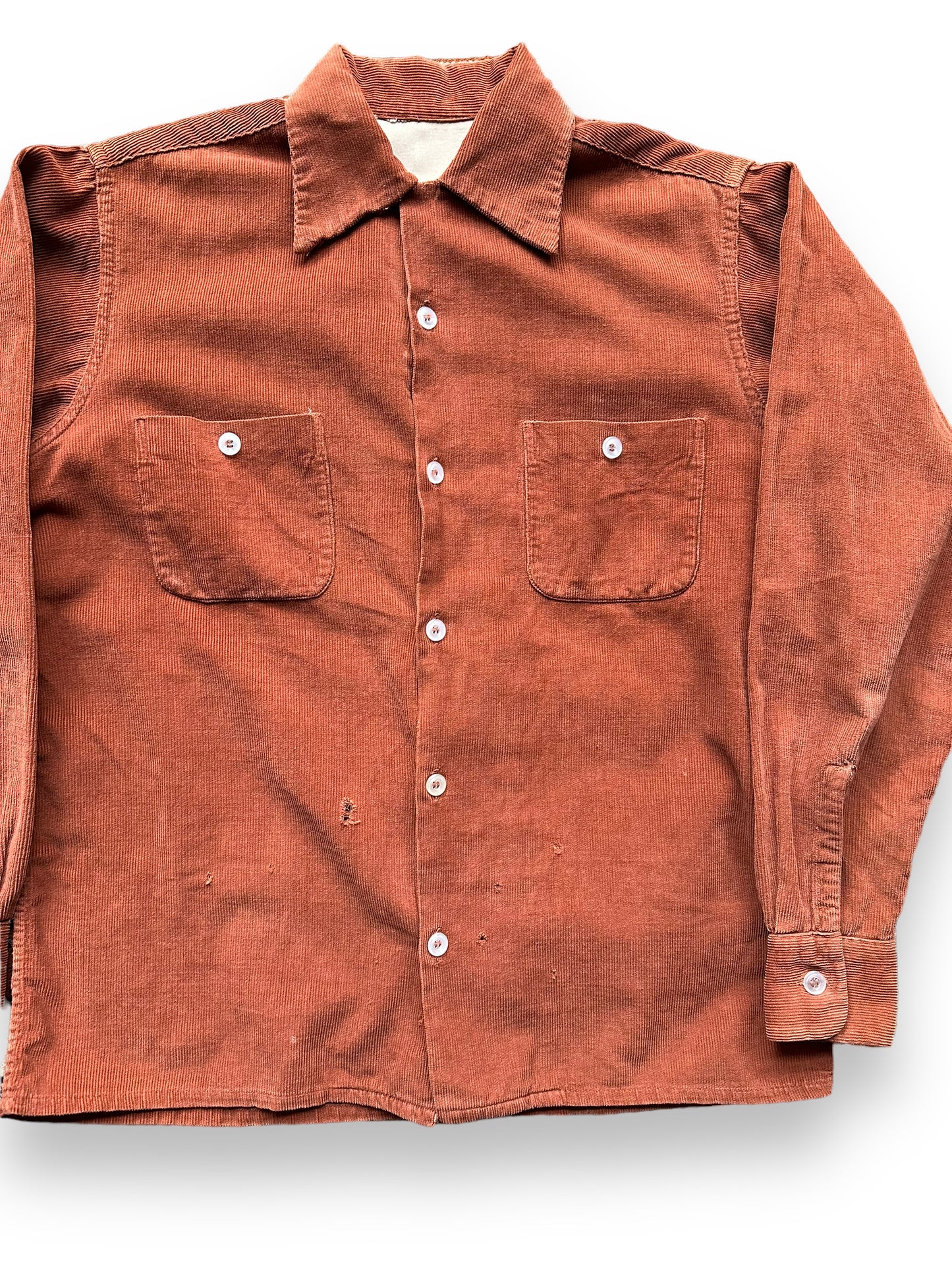 Front Detail View of Vintage Rust Colored Corduroy Loop Collar Shirt SZ M | Vintage Loop Collar Shirt Seattle | Barn Owl Vintage Seattle
