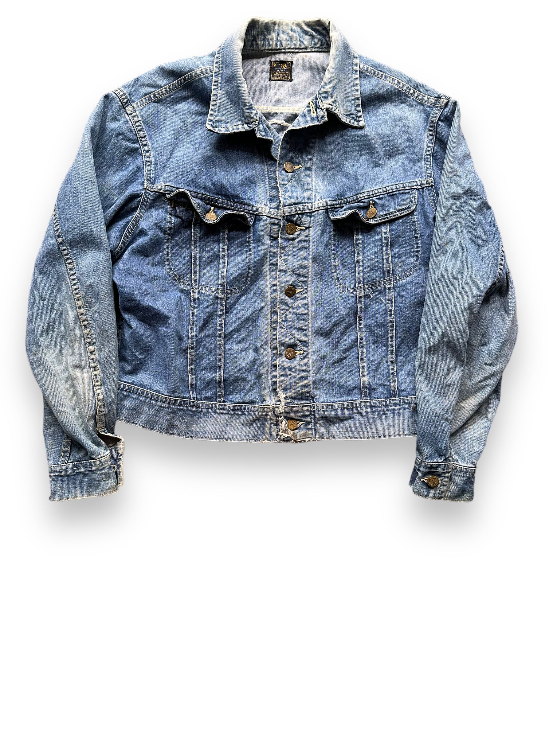 Front View of Vintage Chainstitched Stillman Ranch Lee 101-J SZ 46 | Vintage Lee Denim Seattle | Barn Owl Vintage Seattle