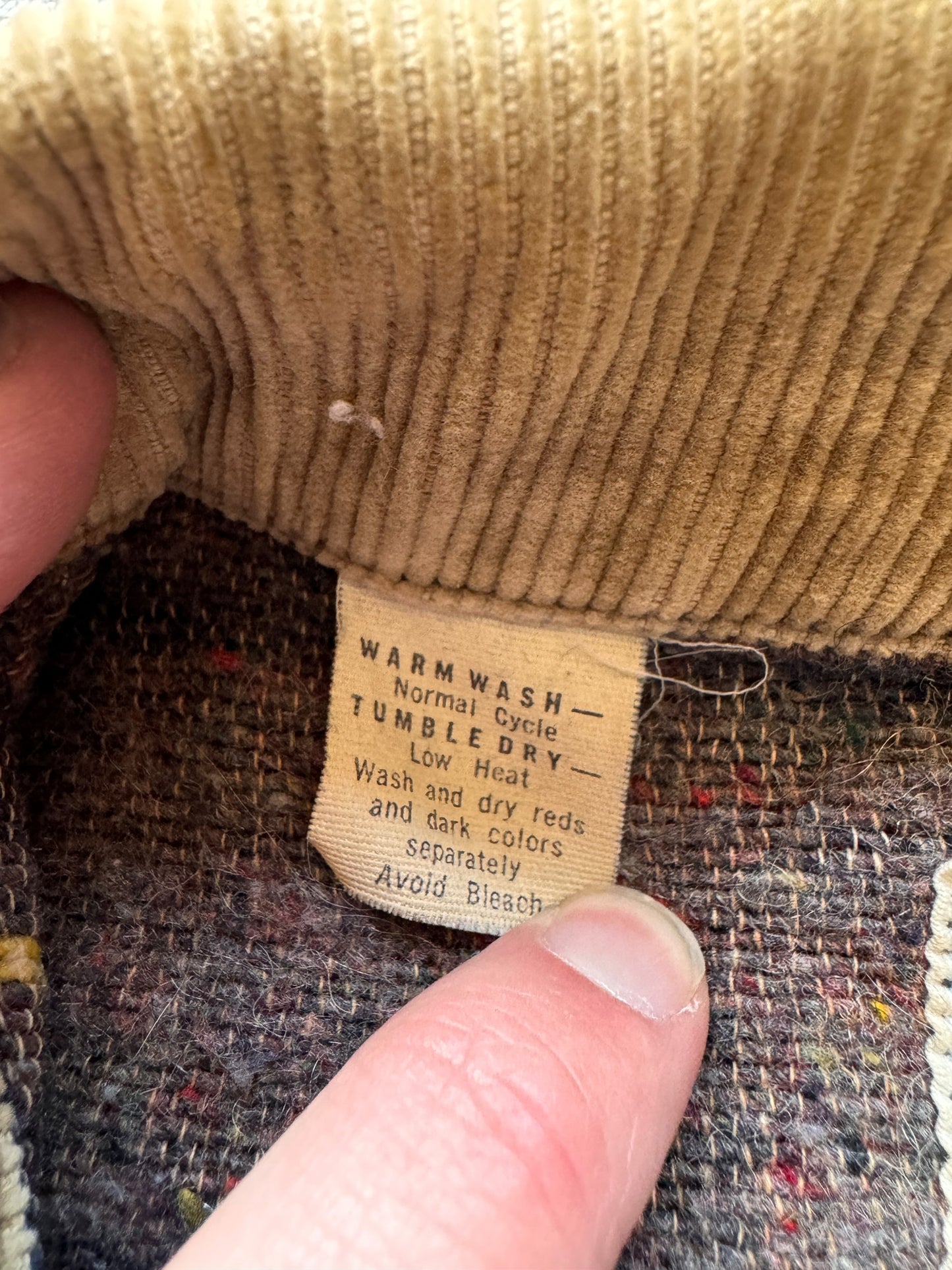 Care Tag on Vintage 1970s Lee Blanket Lined Chore Coat SZ XL