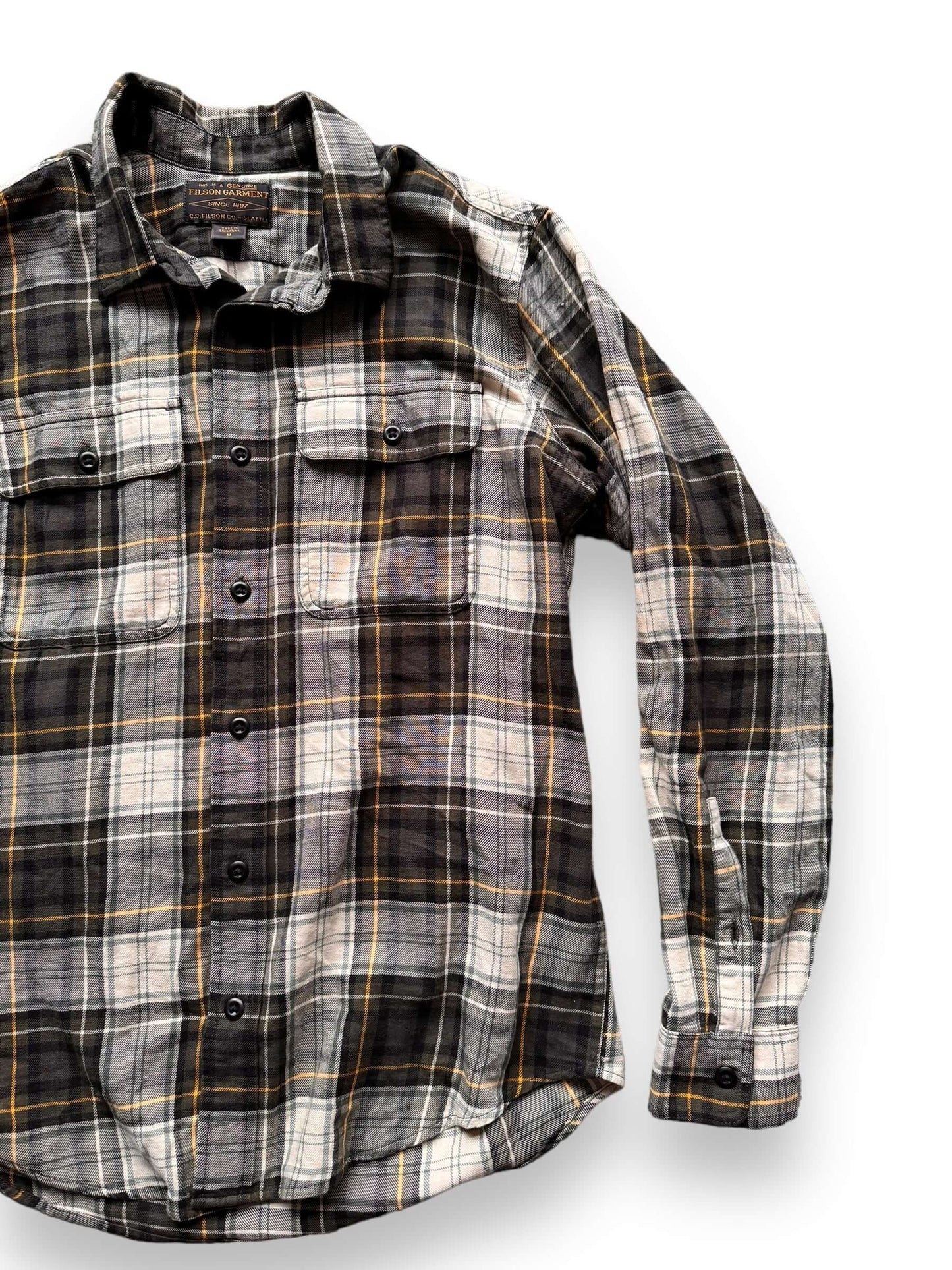 front left of Filson Forest Green Plaid Scout Shirt SZ M