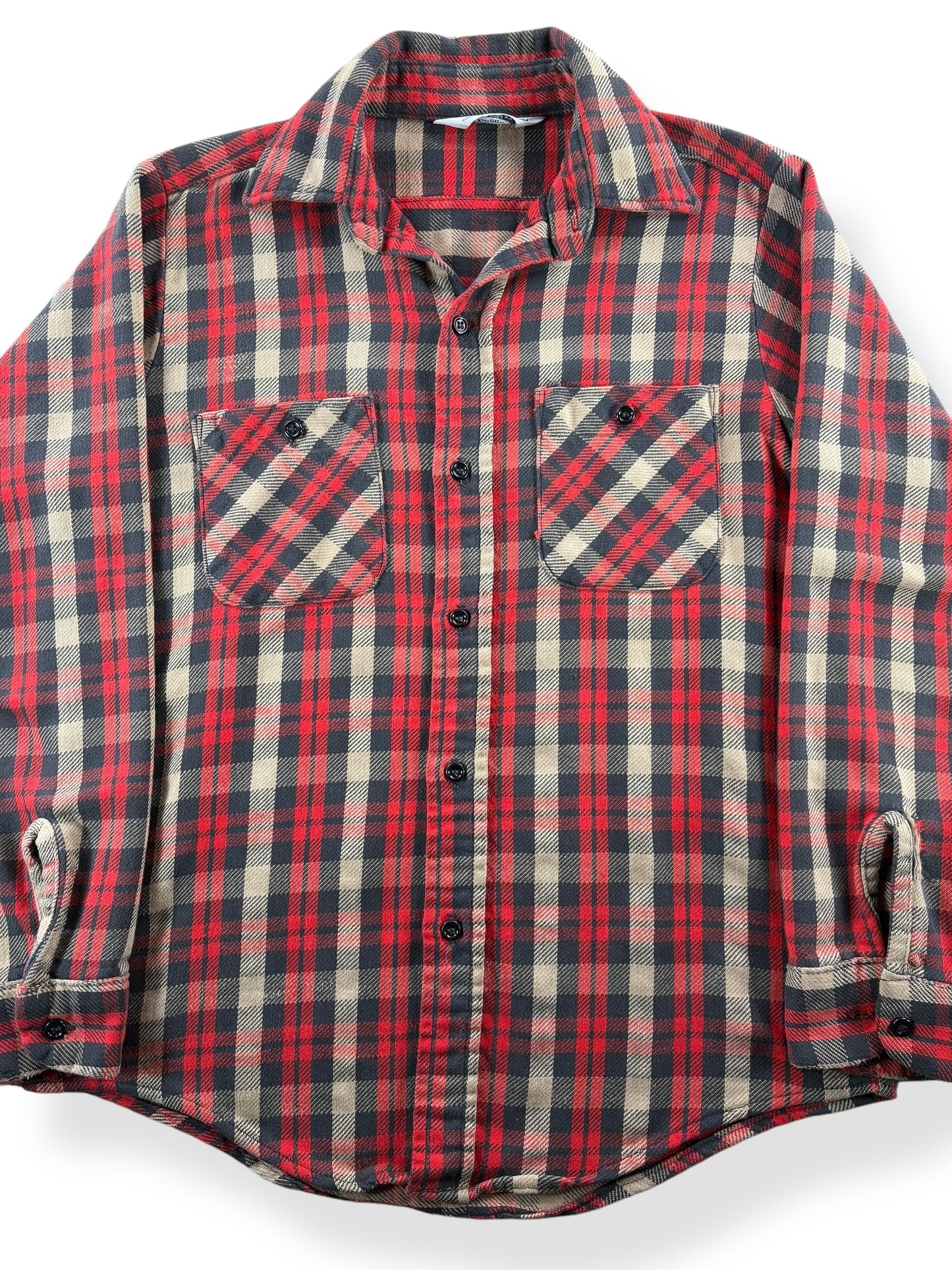Front Close Up of Vintage Mr Leggs Red Plaid Cotton Flannel SZ M