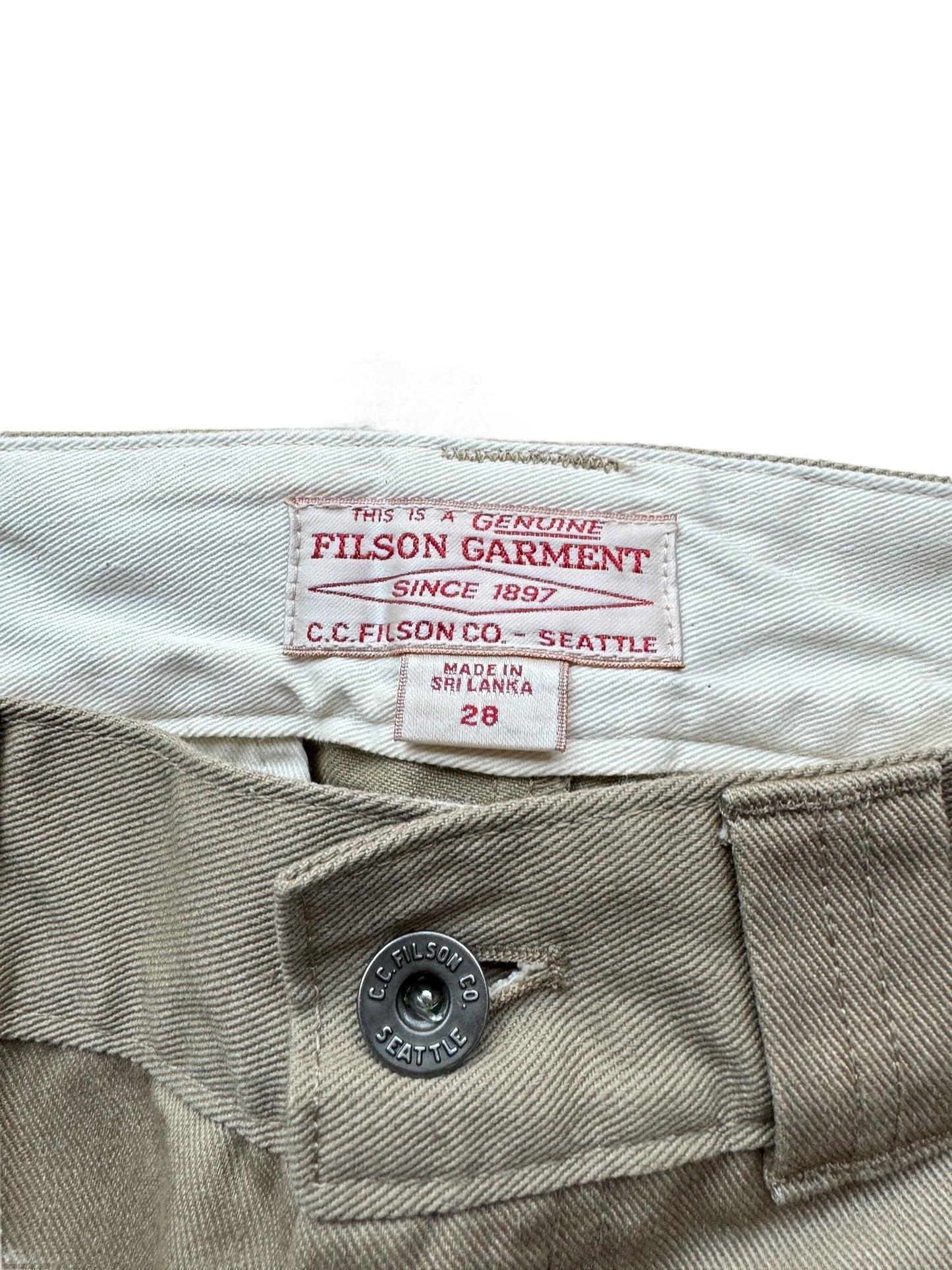 Label on Filson Grey Khaki Anchorage Work Pants W29
