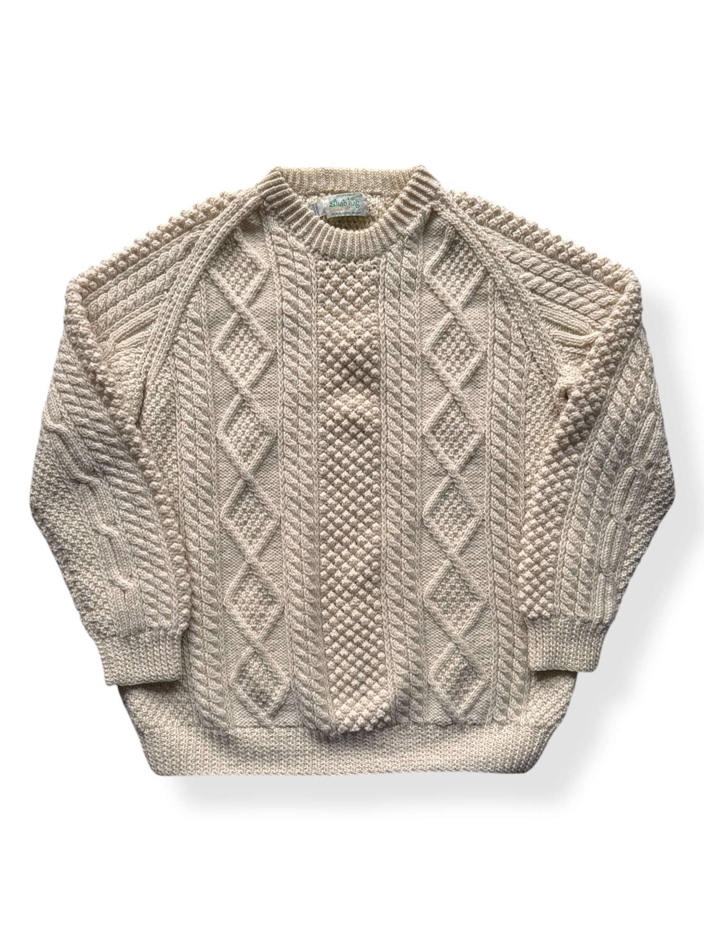 Front of Vintage Sliab Liag Cream Irish Cable Knit Fishermans Sweater SZ XL