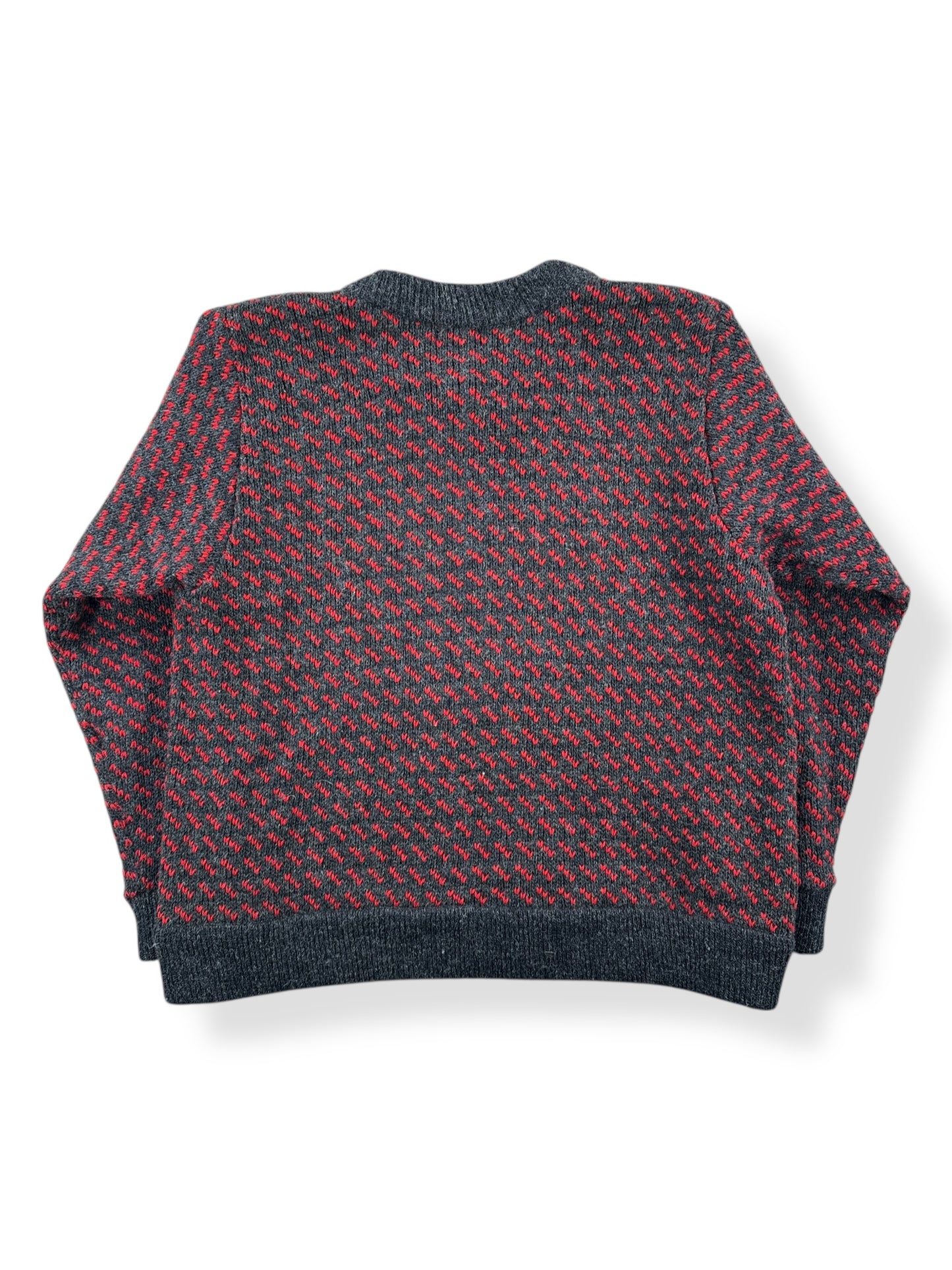 Back of Vintage Ladies LL Bean Birdseye Nordic Cardigan Red & Grey SZ M