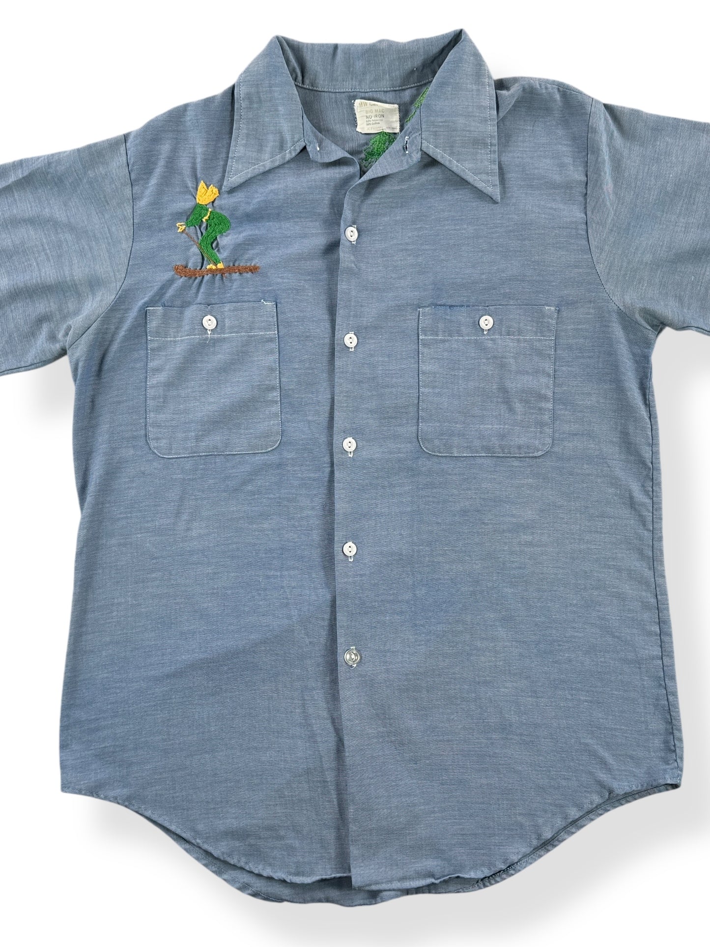 Front Close Up of Vintage Embroidered Short Sleeve Chambray Shirt SZ M