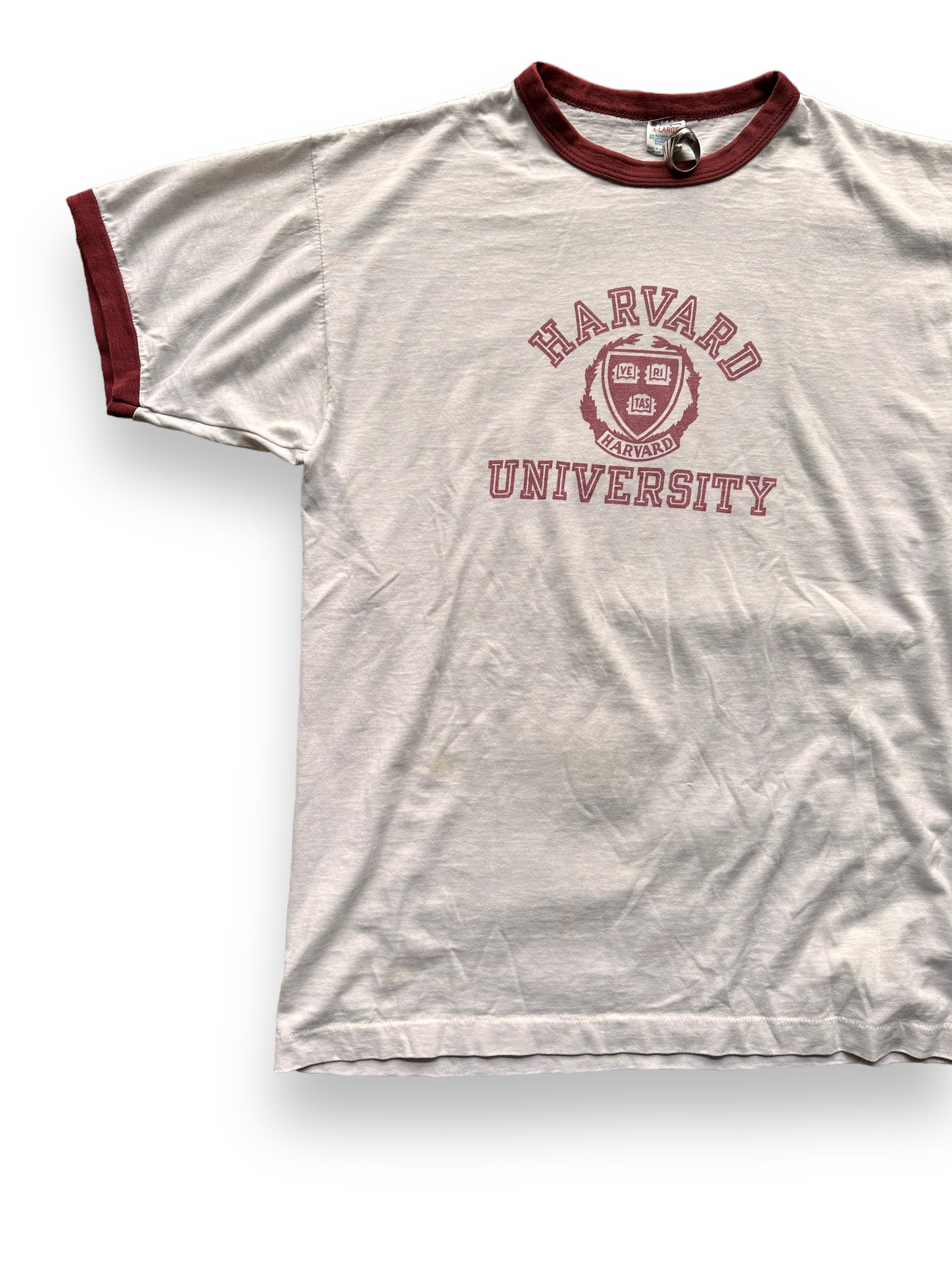 Front Right View of Vintage Champion Harvard University Ringer Tee SZ XL | Vintage Ivy League Tee Seattle | Barn Owl Vintage Seattle
