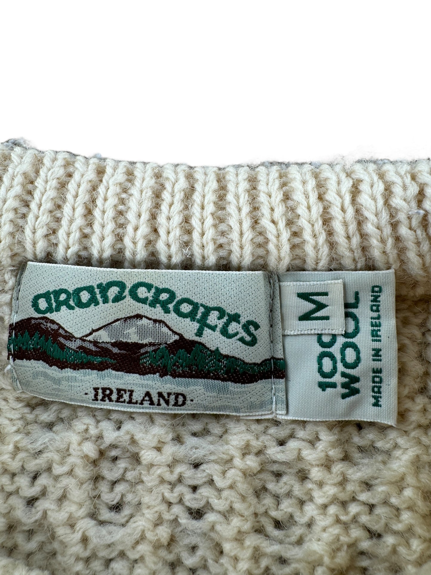 Tag on Vintage Aran Crafts Cable Knit Wool Sweater SZ M