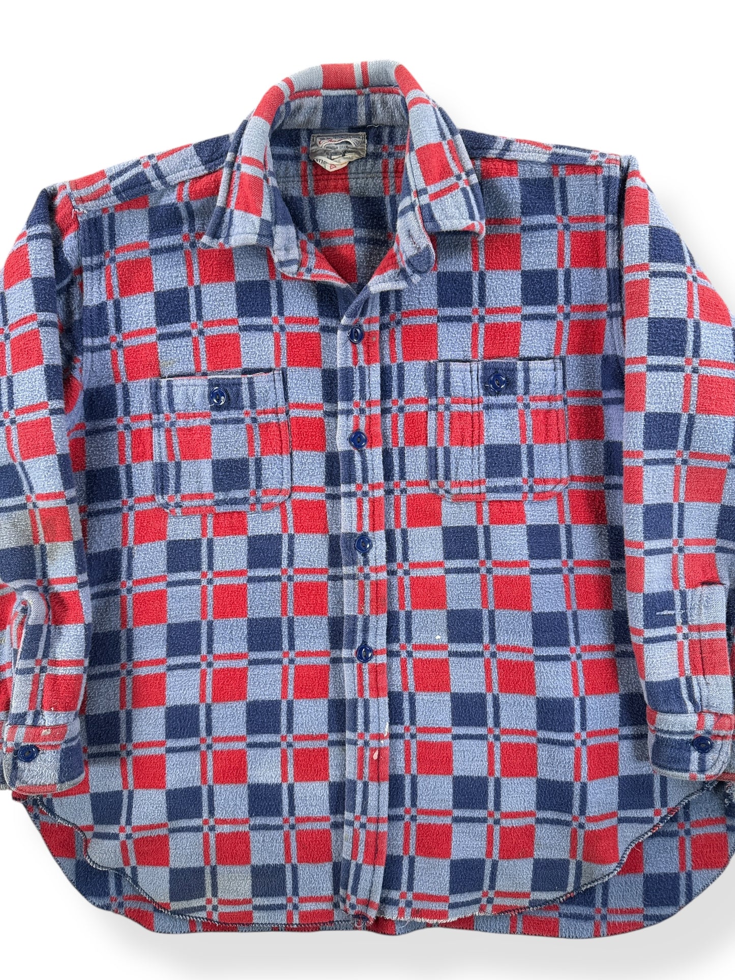 Front Close Up of Vintage Red & Blue Champion Cotton Camp Blanket Flannel SZ M