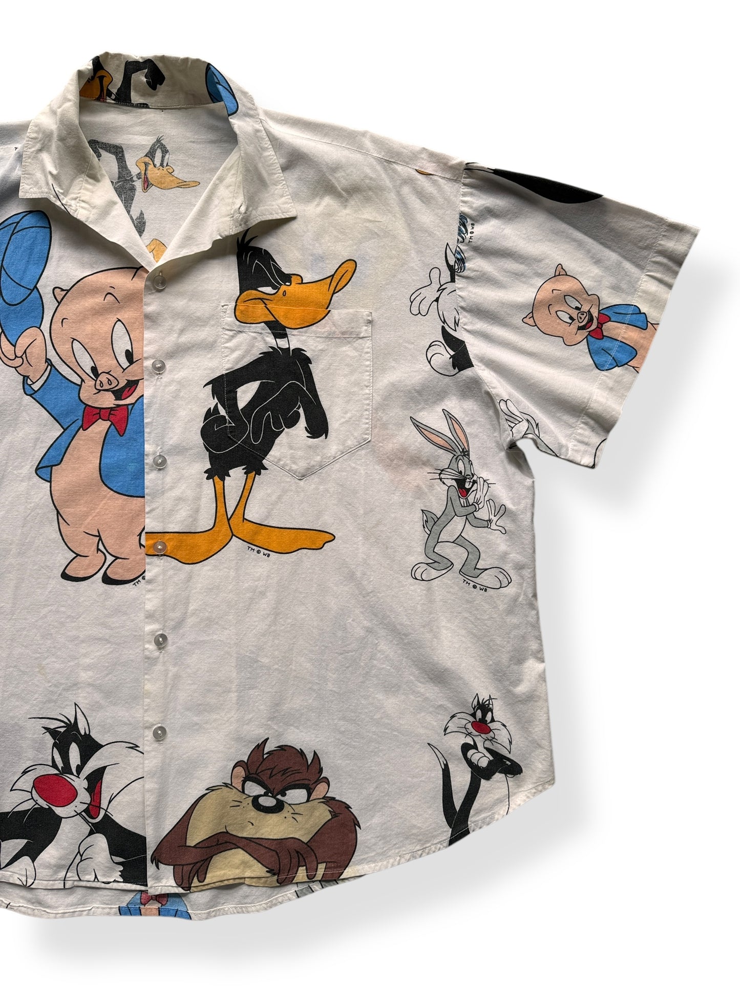 Front Left of Vintage White Daffy & Porky Button Up SZ XXL
