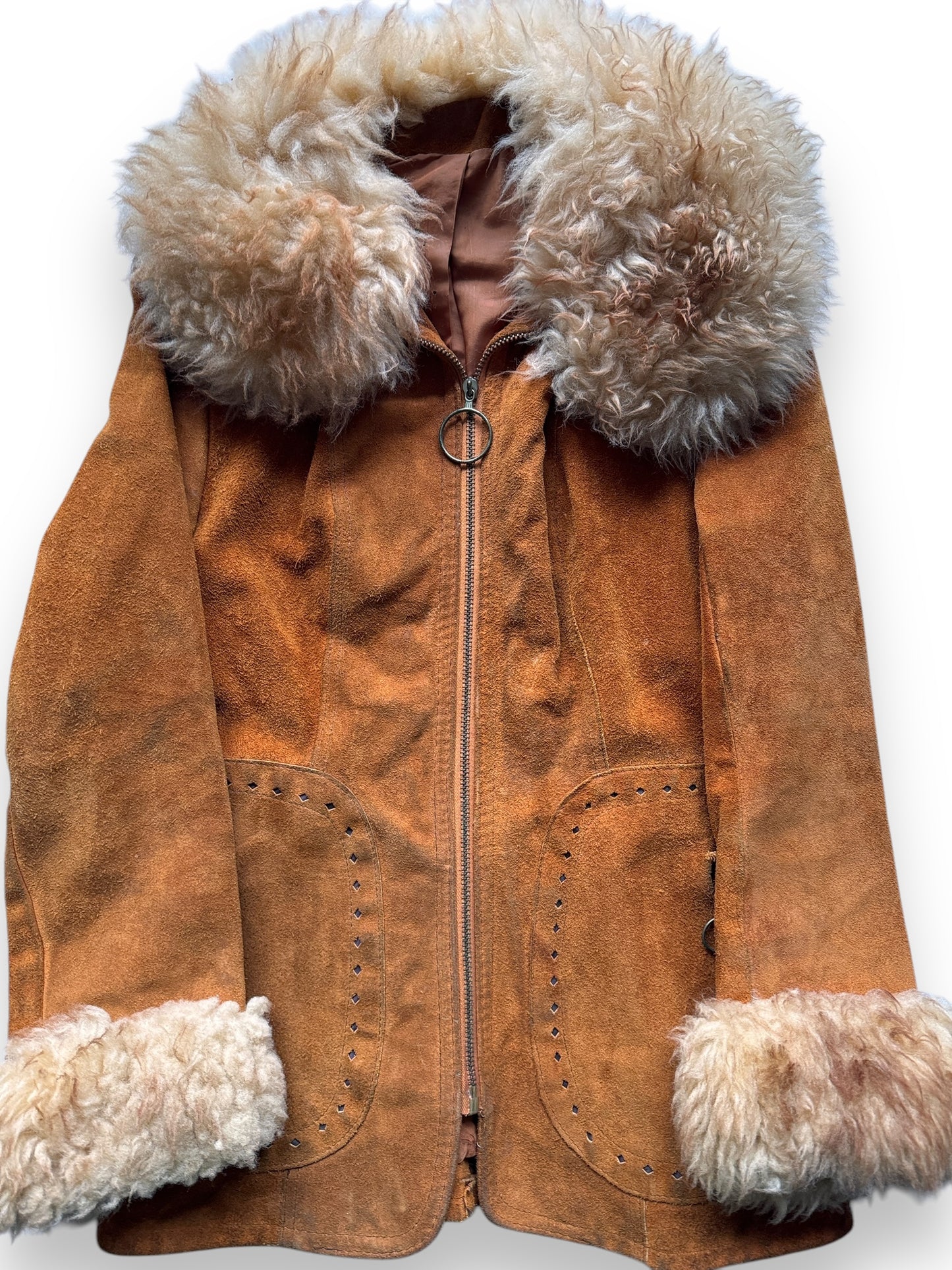 front close up of Vintage Suede and Fur Penny Style Lane Coat SZ 8