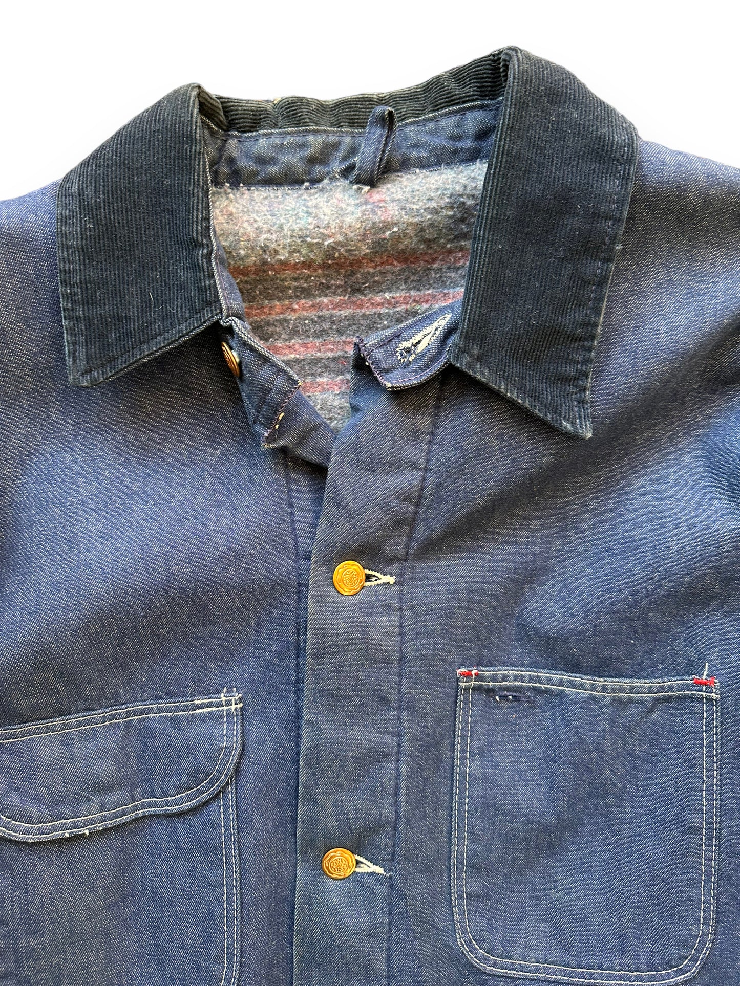 Upper Front View on Vintage Blanket Lined Denim Chore Coat SZ L | Vintage Denim Chore Coat | Barn Owl Vintage Seattle
