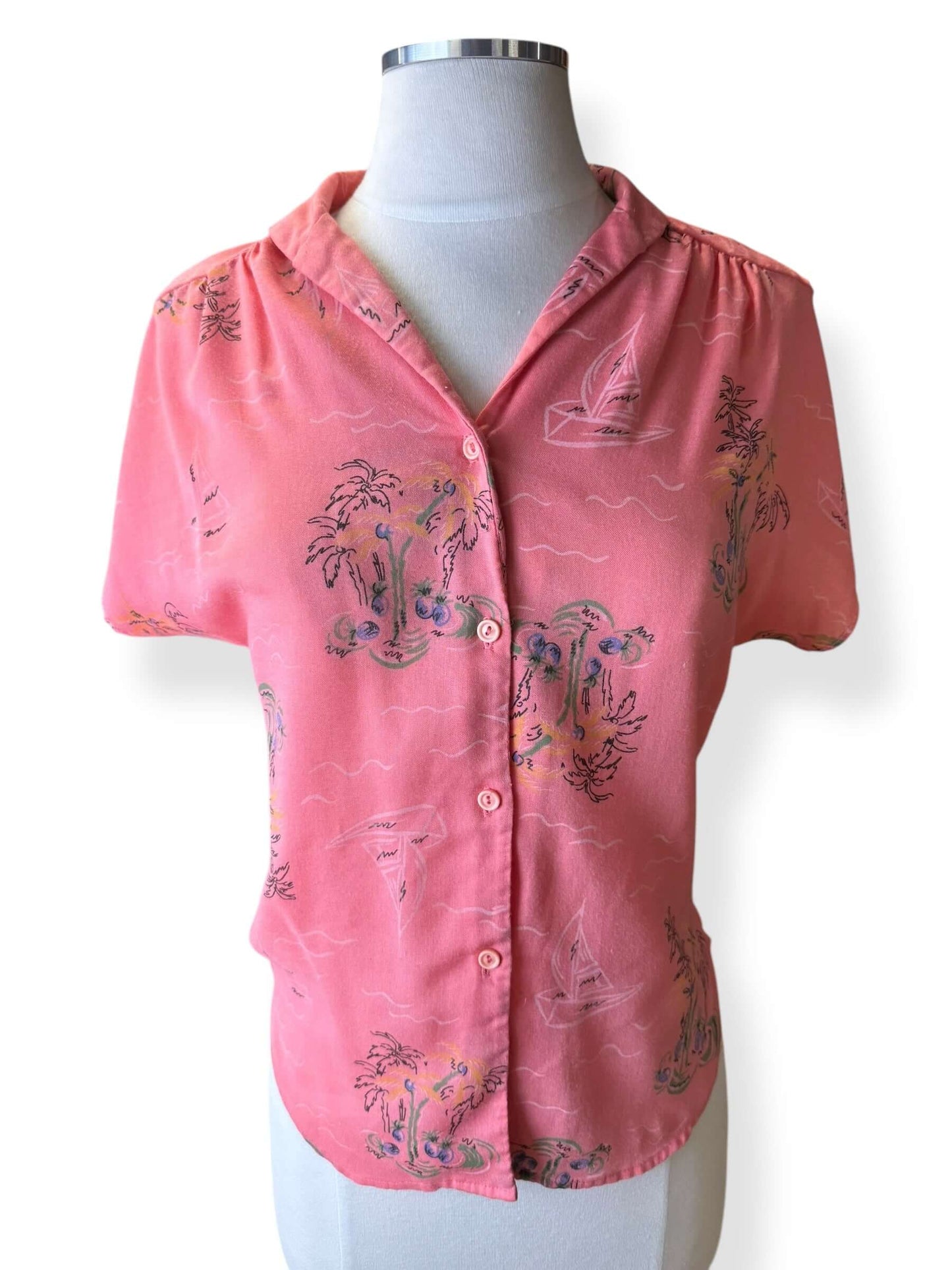 Front view of 1980s Topics Pink Tropical Top M