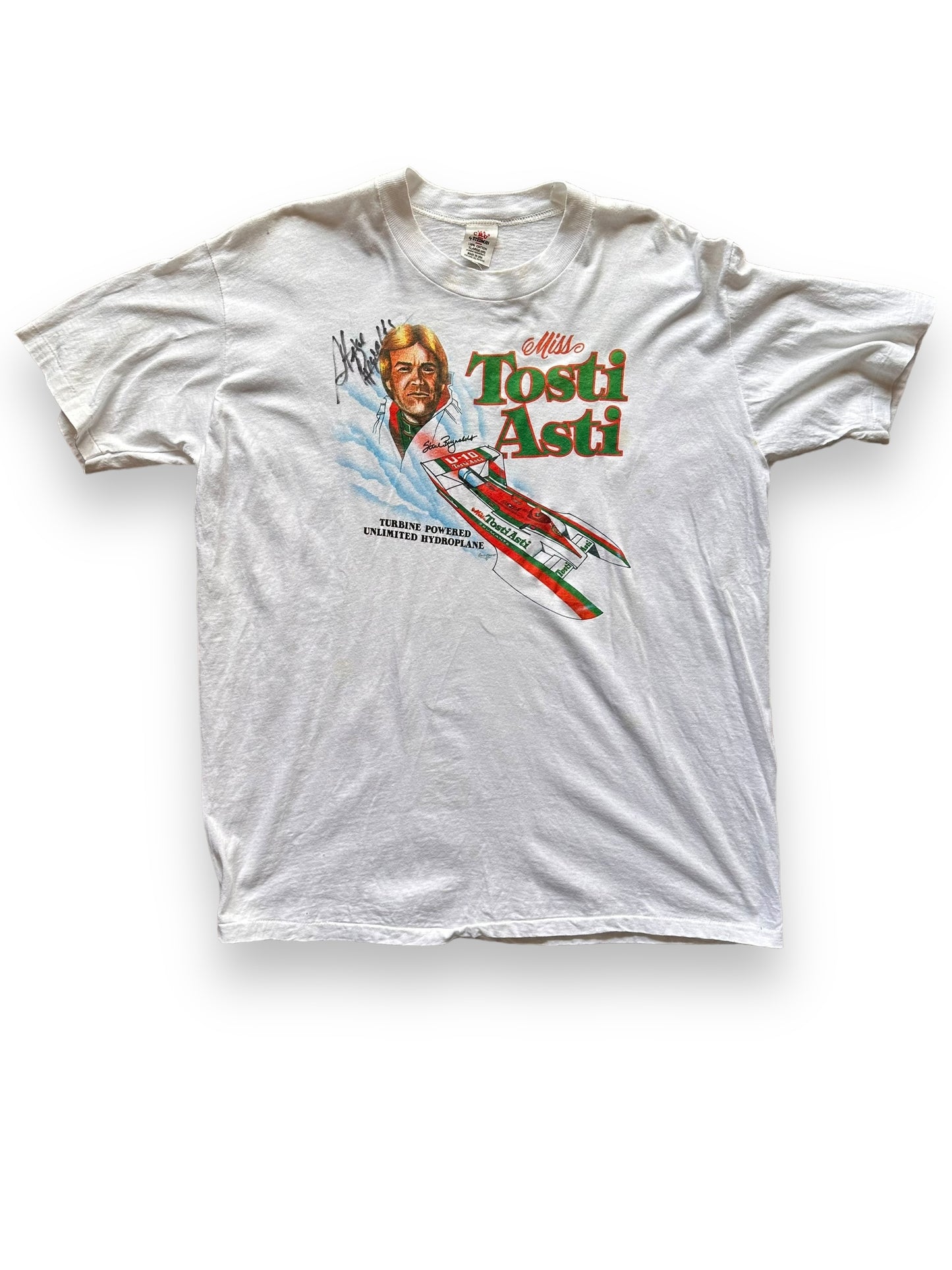 Front View of Vintage Miss Tosti Asti Hydroplane Racing Tee SZ XL | Vintage Hydroplane T-Shirts Seattle | Barn Owl Vintage Clothing Seattle
