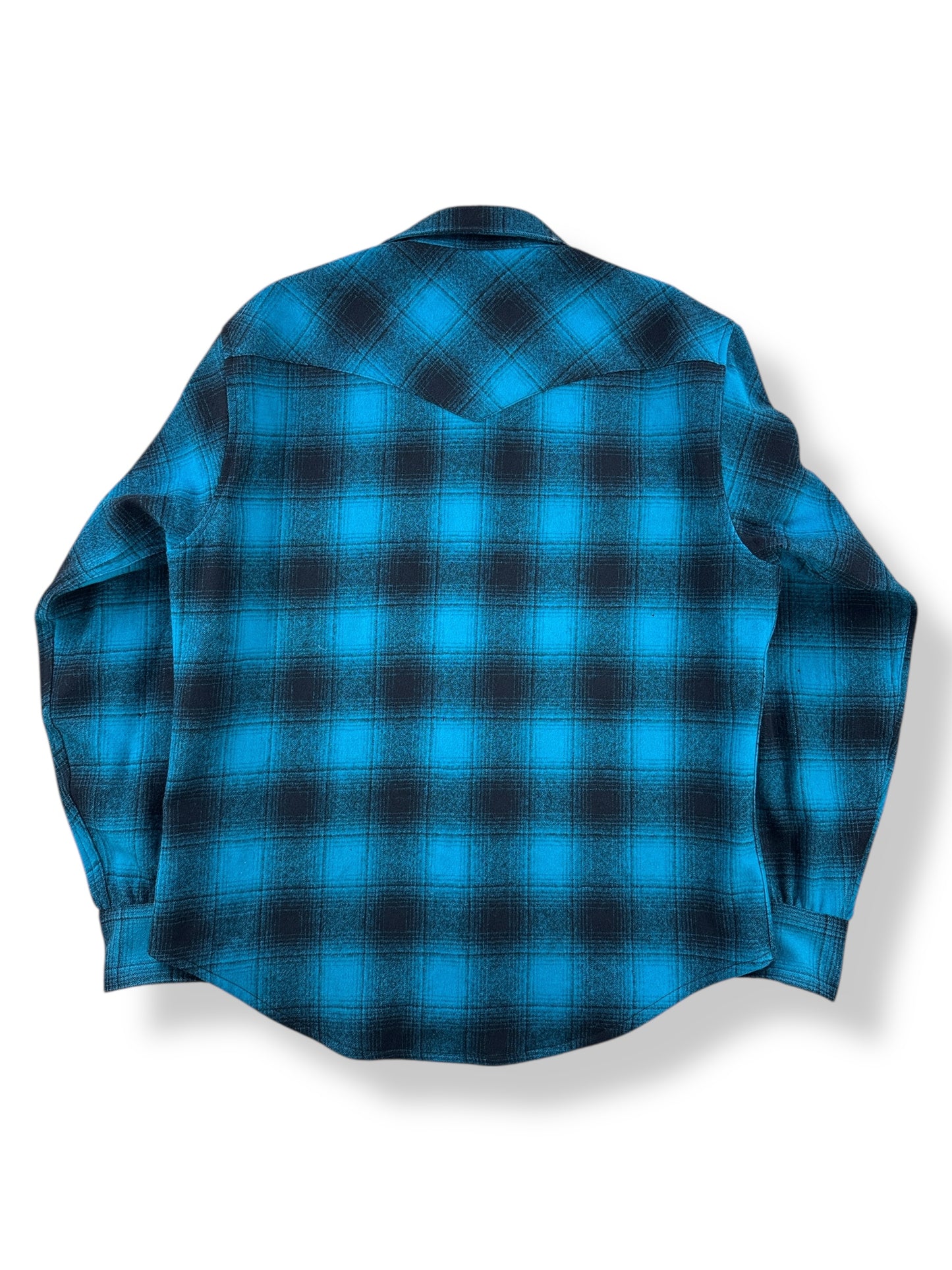 Back of Vintage Pendleton Turquoise Shadow plaid Pearlsnap Flannel SZ L