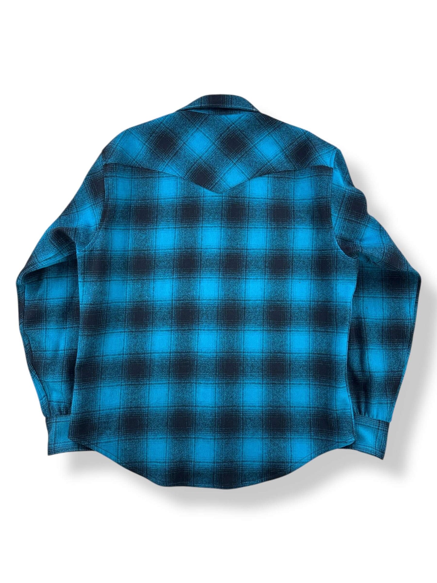 Back of Vintage Pendleton Turquoise Shadow plaid Pearlsnap Flannel SZ L