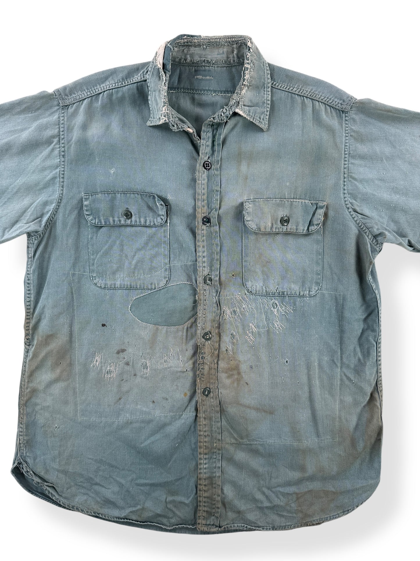 Front Close Up of Vintage Thrashed Hand Repaired Work Shirt SZ L