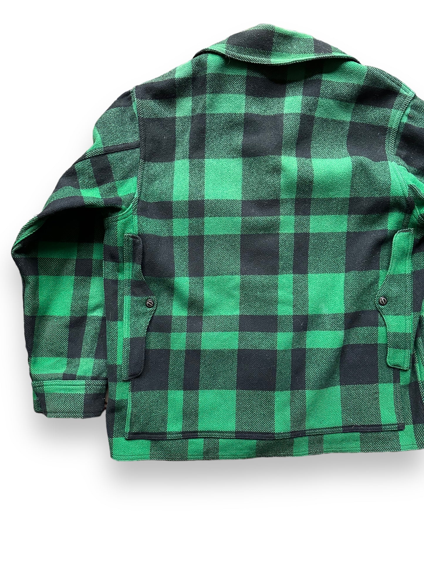 Left Rear View of Vintage Union Made Filson Green & Black Mackinaw Coat SZ 44 | Vintage Filson Workwear Seattle | Vintage Clothing Seattle